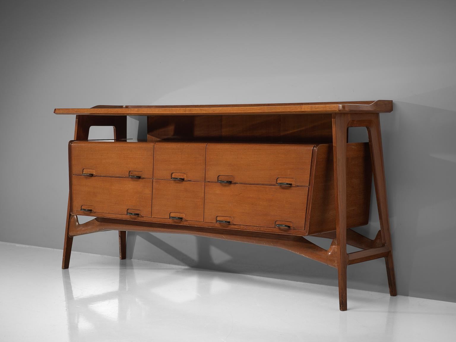 Mid-20th Century Italian Credenza in Fruitwood and Glass