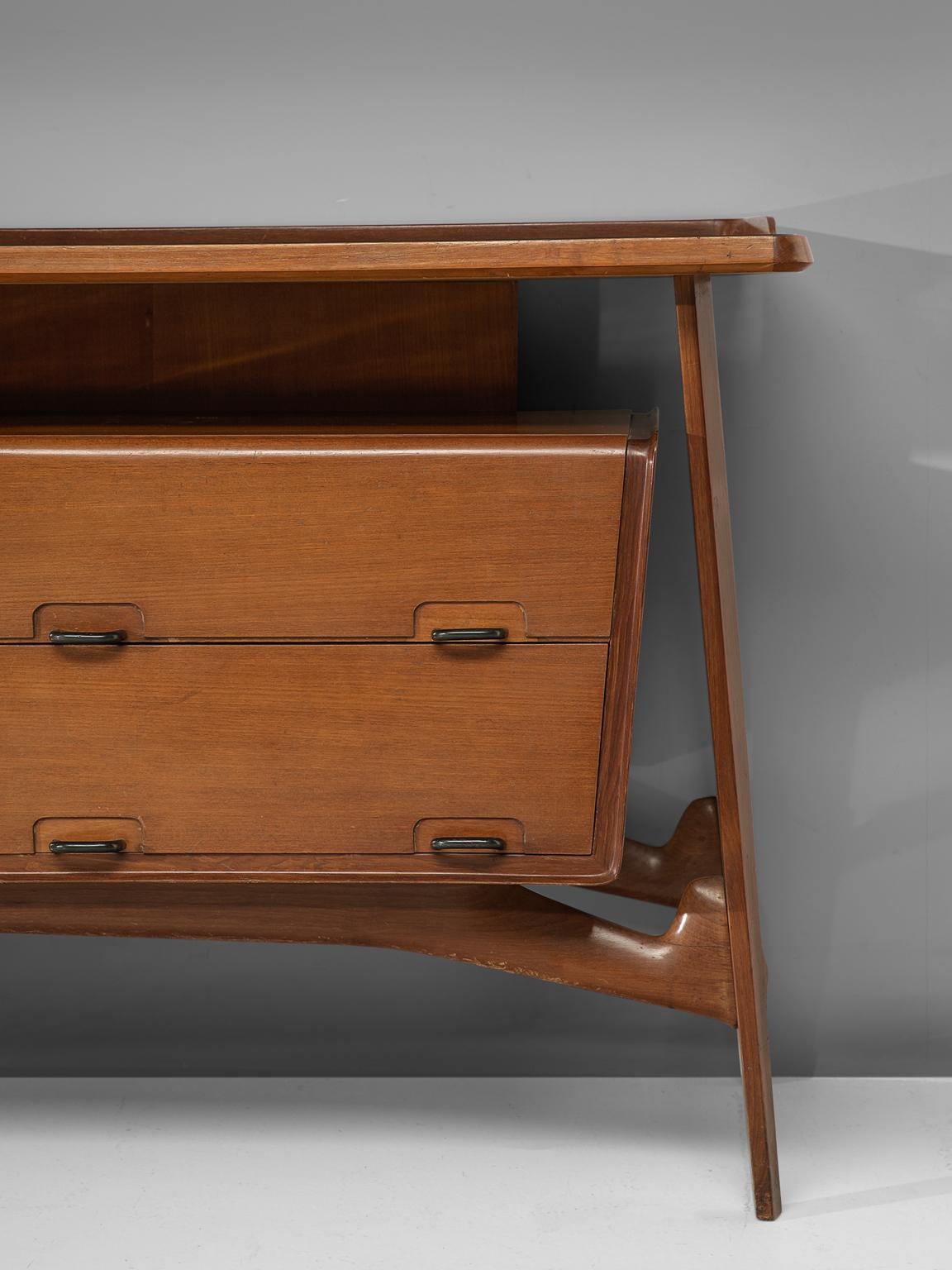 Brass Italian Credenza in Fruitwood and Glass