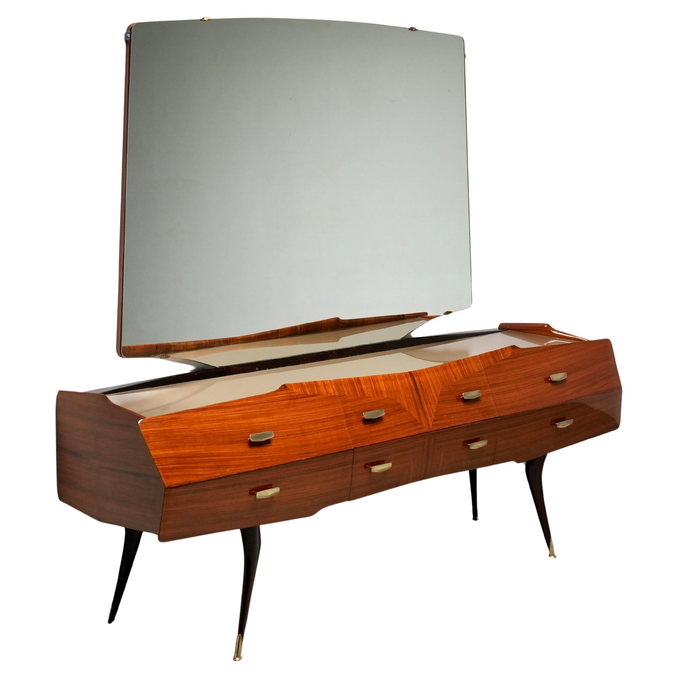 Italian Credenza with Mirror in Wood, Glass and Brass, Italy, 1960
s For Sale