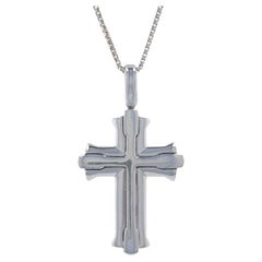 Retro Italian Cross Pendant Necklace, 14k White Gold Faith Gift