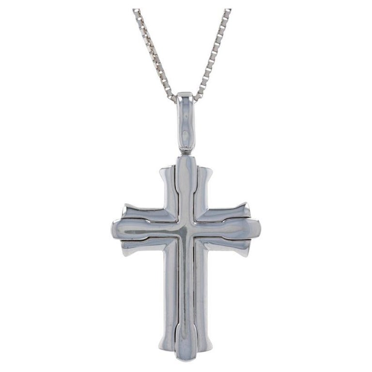 Italian Cross Pendant Necklace, 14k White Gold Faith Gift For Sale at