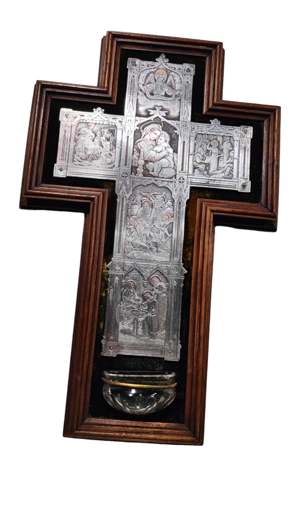 Wood Italian Cross With Blessing Pot From The 19th Century For Sale