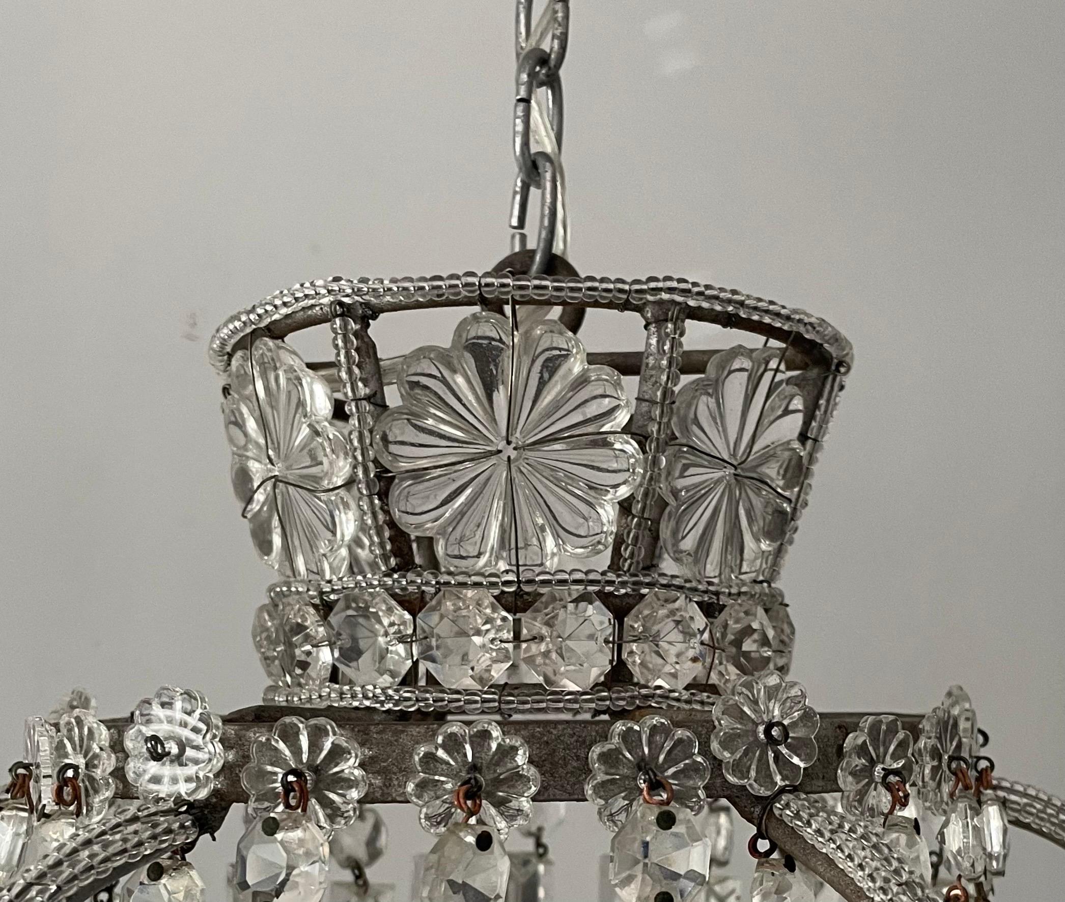 Louis XVI Italian Crown-Shaped Crystal Beaded Chandelier 