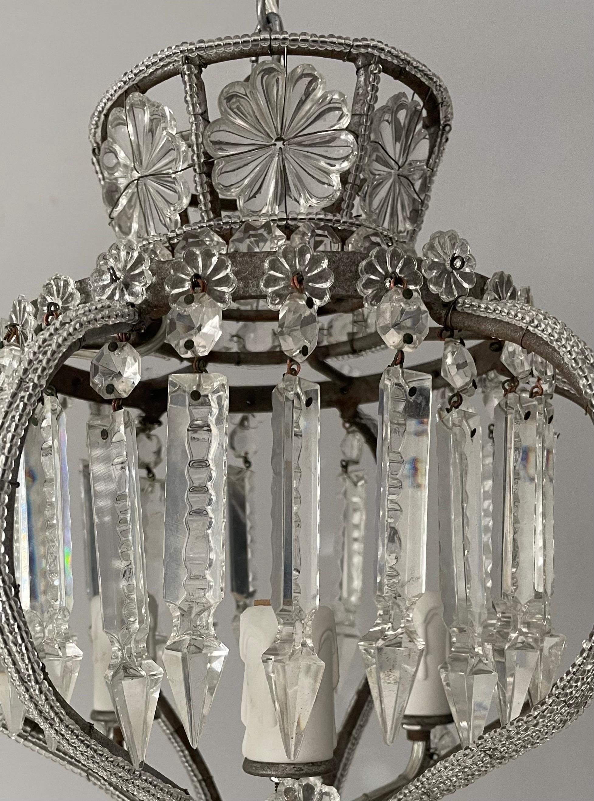 Italian Crown-Shaped Crystal Beaded Chandelier  In Good Condition In Los Angeles, CA