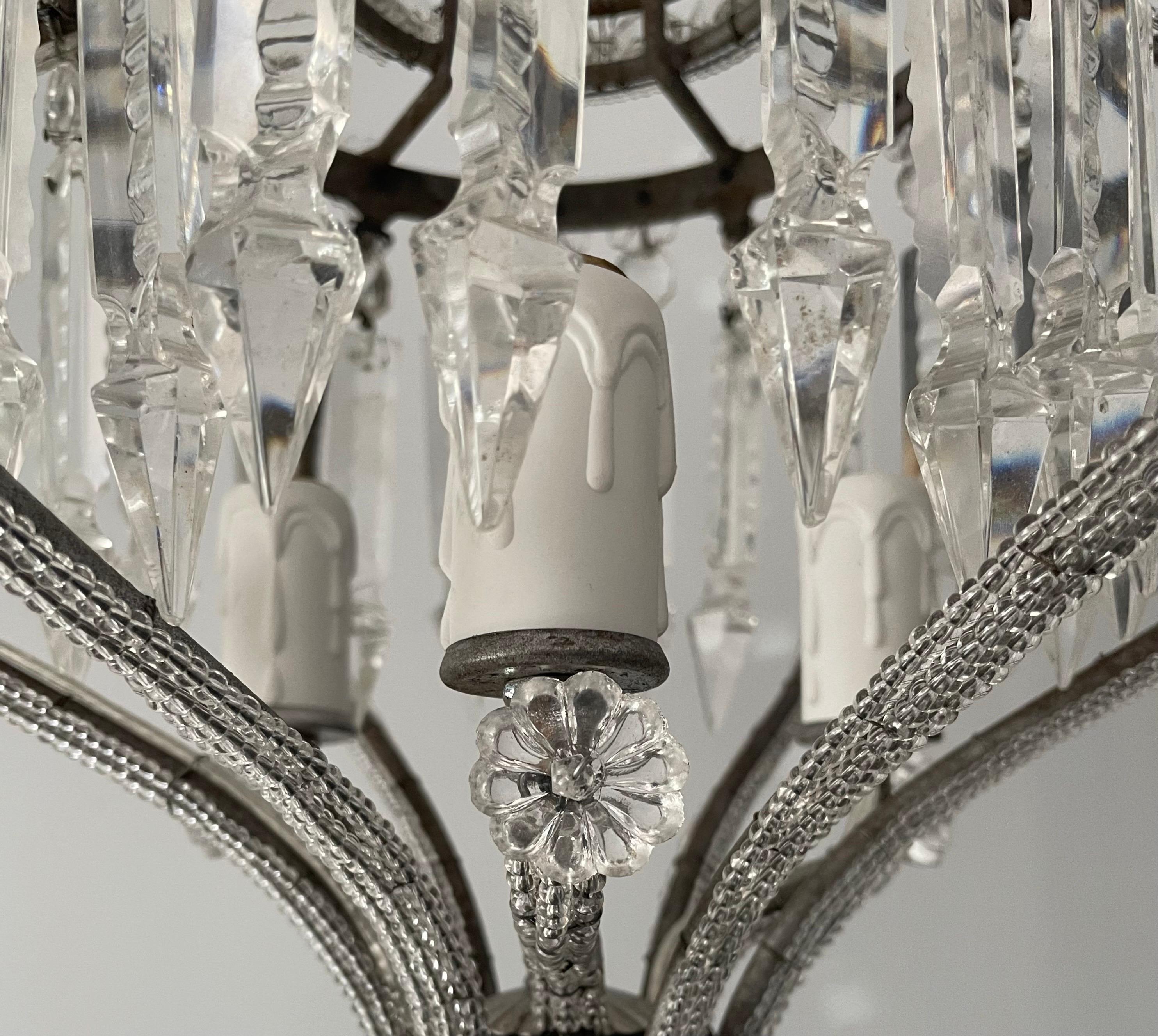 Mid-20th Century Italian Crown-Shaped Crystal Beaded Chandelier 