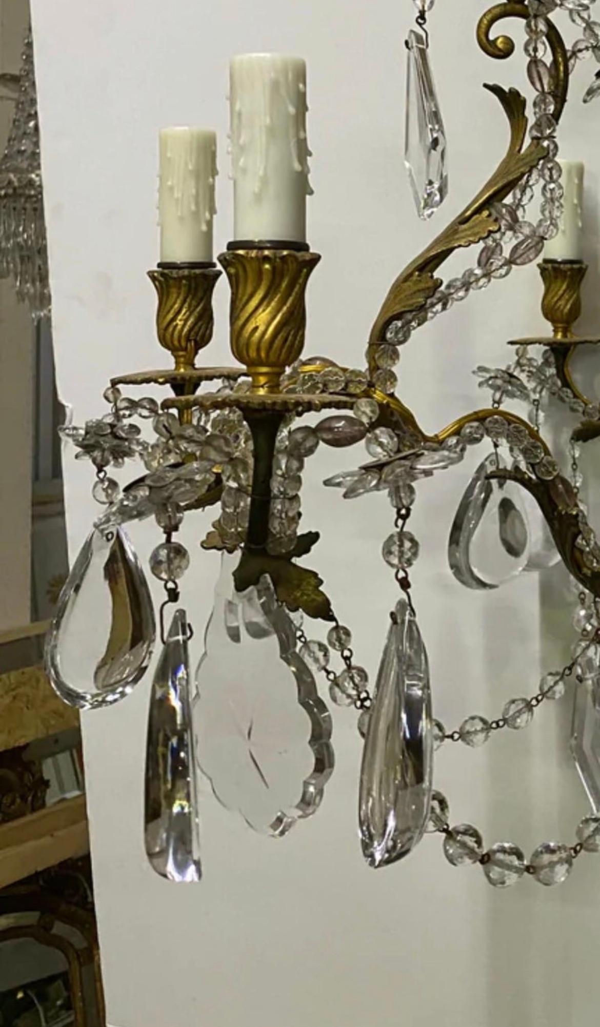 Brass Italian Crystal 6 Arm Chandelier For Sale