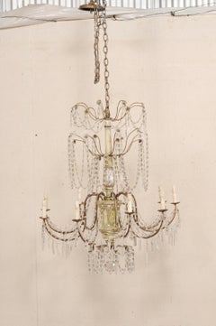Araña italiana de cristal de 9 luces con columna central de madera tallada y pintada