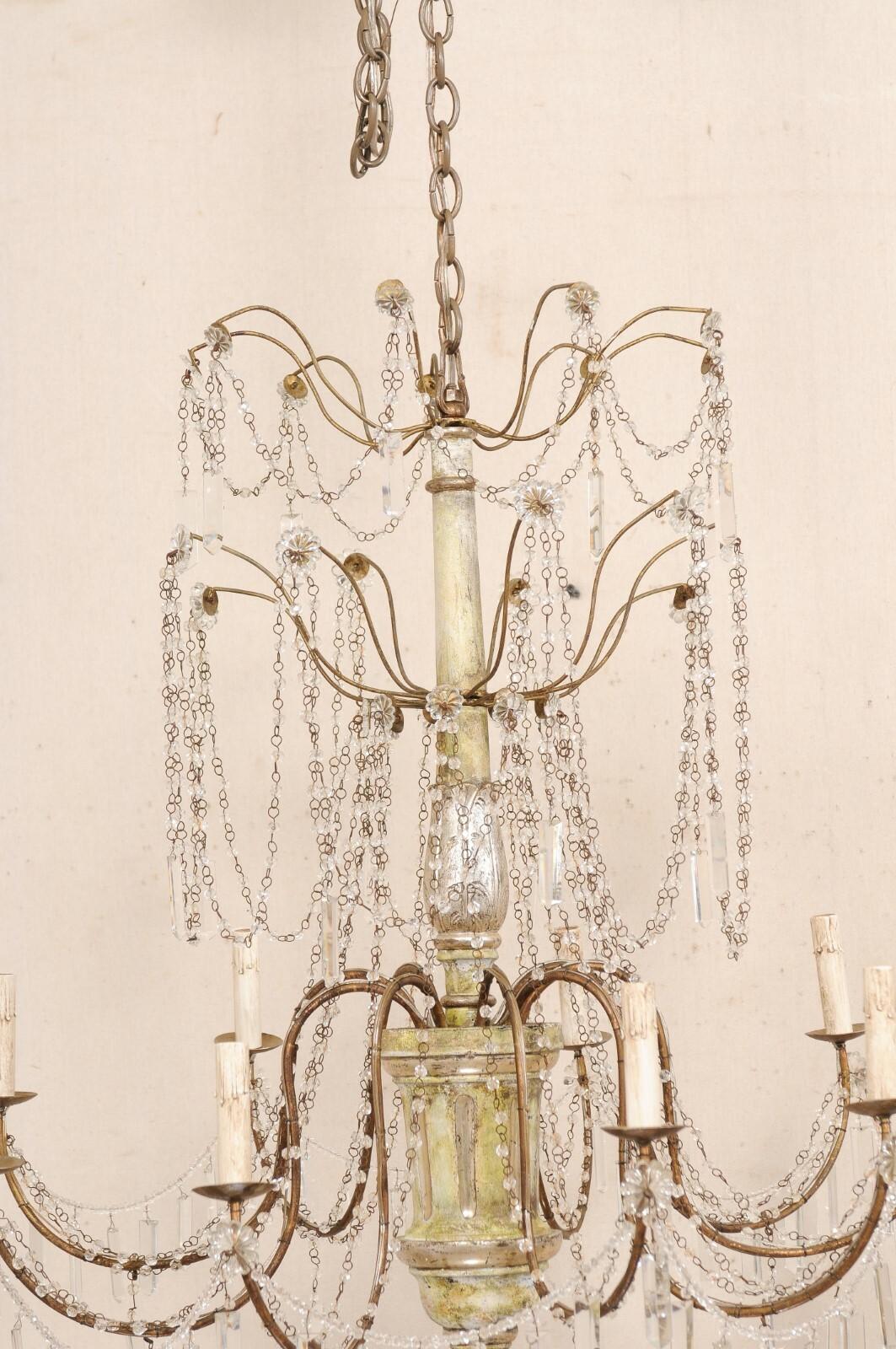 Italian Crystal 9-Light Chandelier w/Carved & Painted Wood Center Column In Good Condition For Sale In Atlanta, GA