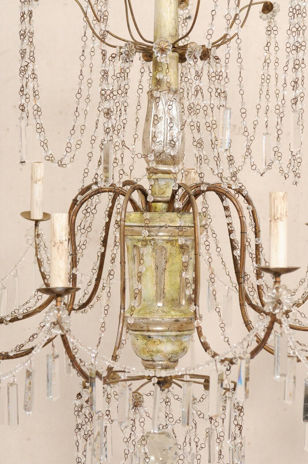 Italian Crystal 9-Light Chandelier w/Carved & Painted Wood Center Column For Sale 1