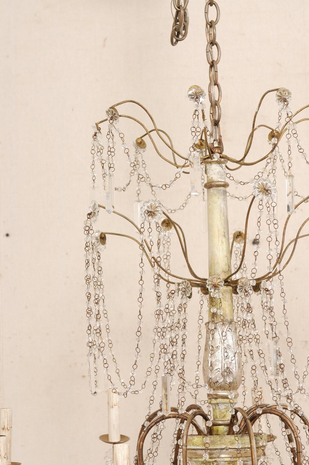 Italian Crystal 9-Light Chandelier w/Carved & Painted Wood Center Column For Sale 4