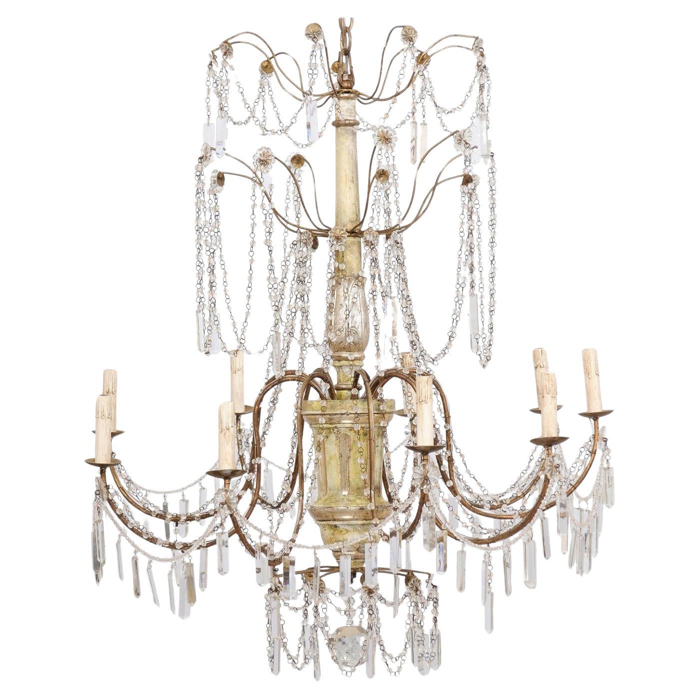 Italian Crystal 9-Light Chandelier w/Carved & Painted Wood Center Column For Sale
