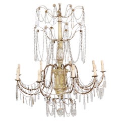 Italian Crystal 9-Light Chandelier w/Carved & Painted Wood Center Column