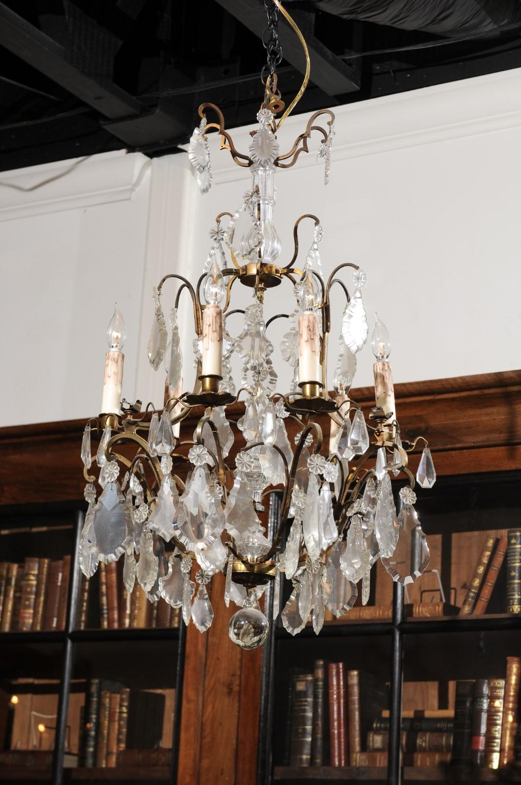 Italian Crystal and Bronze Six-Light Chandelier with Obelisk and Pendeloques For Sale 2