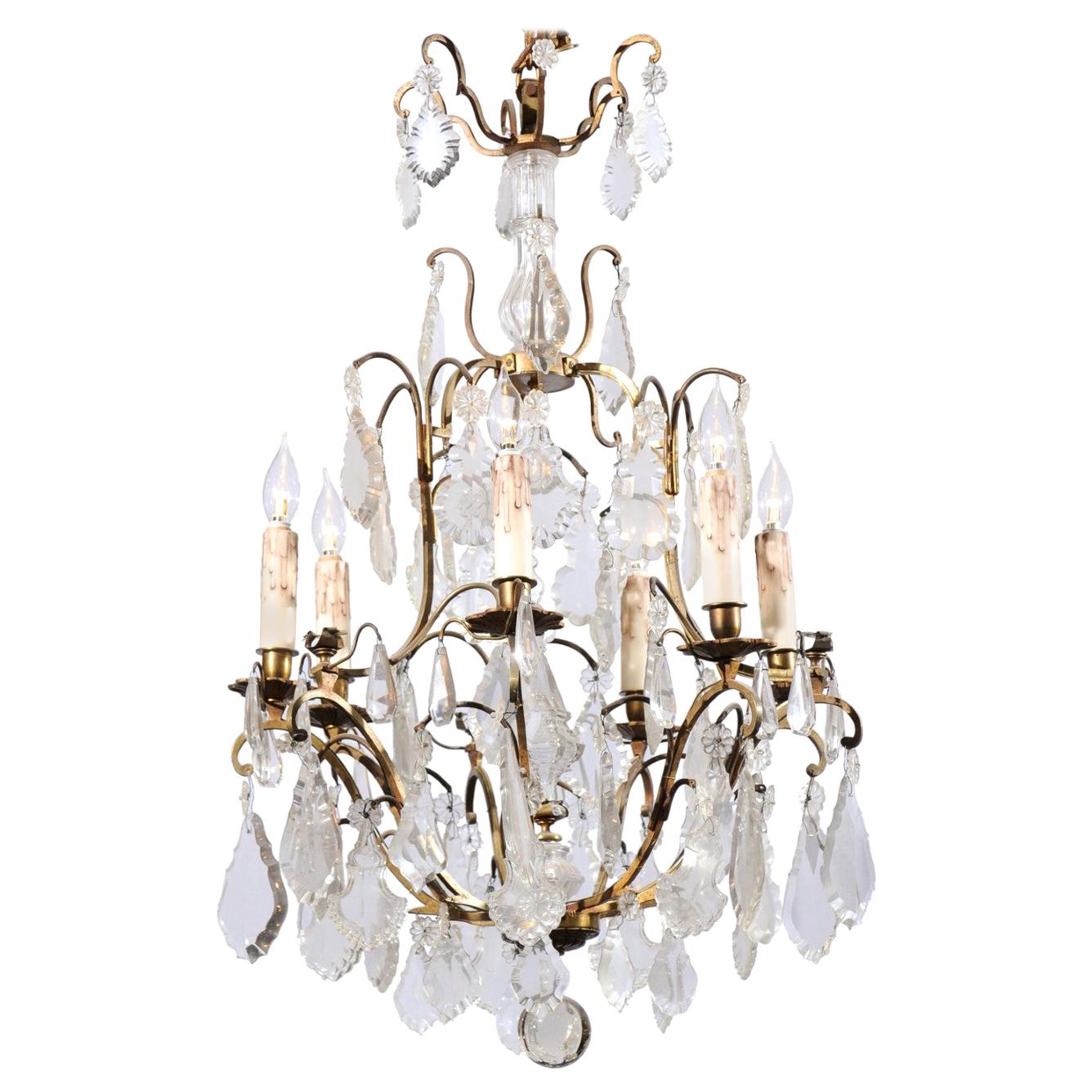 Italian Crystal and Bronze Six-Light Chandelier with Obelisk and Pendeloques For Sale