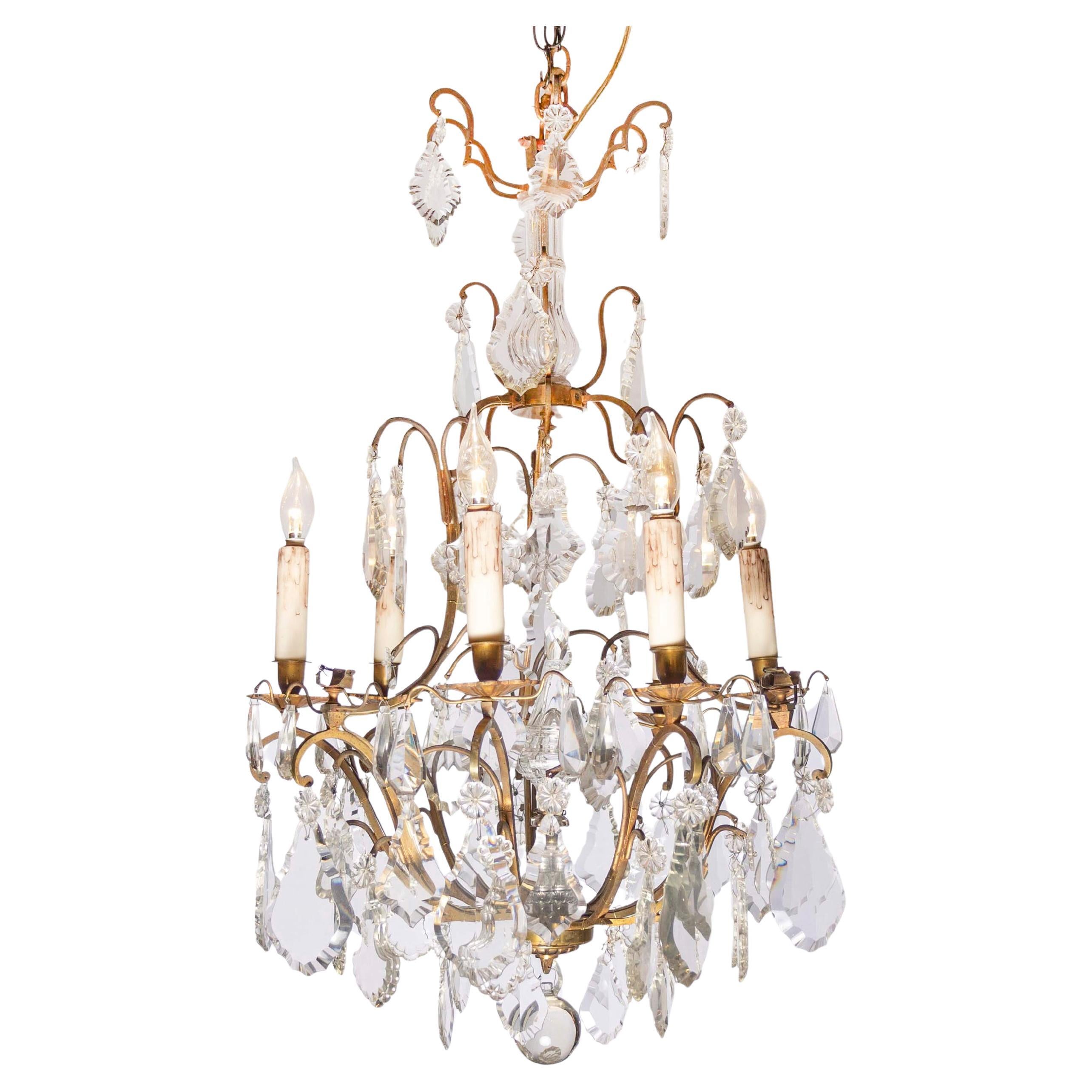 Italian Crystal and Bronze Six-Light Chandelier with Obelisk and Pendeloques