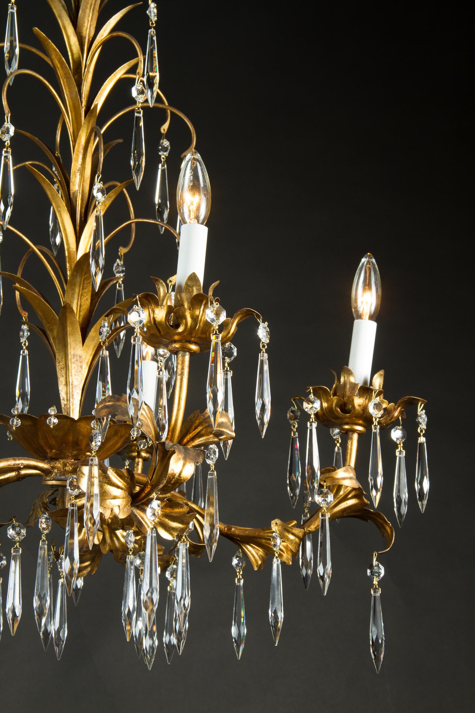 Italian Crystal and Gilded Tole Floral Chandelier, Mid-20th Century In Good Condition For Sale In New Orleans, LA
