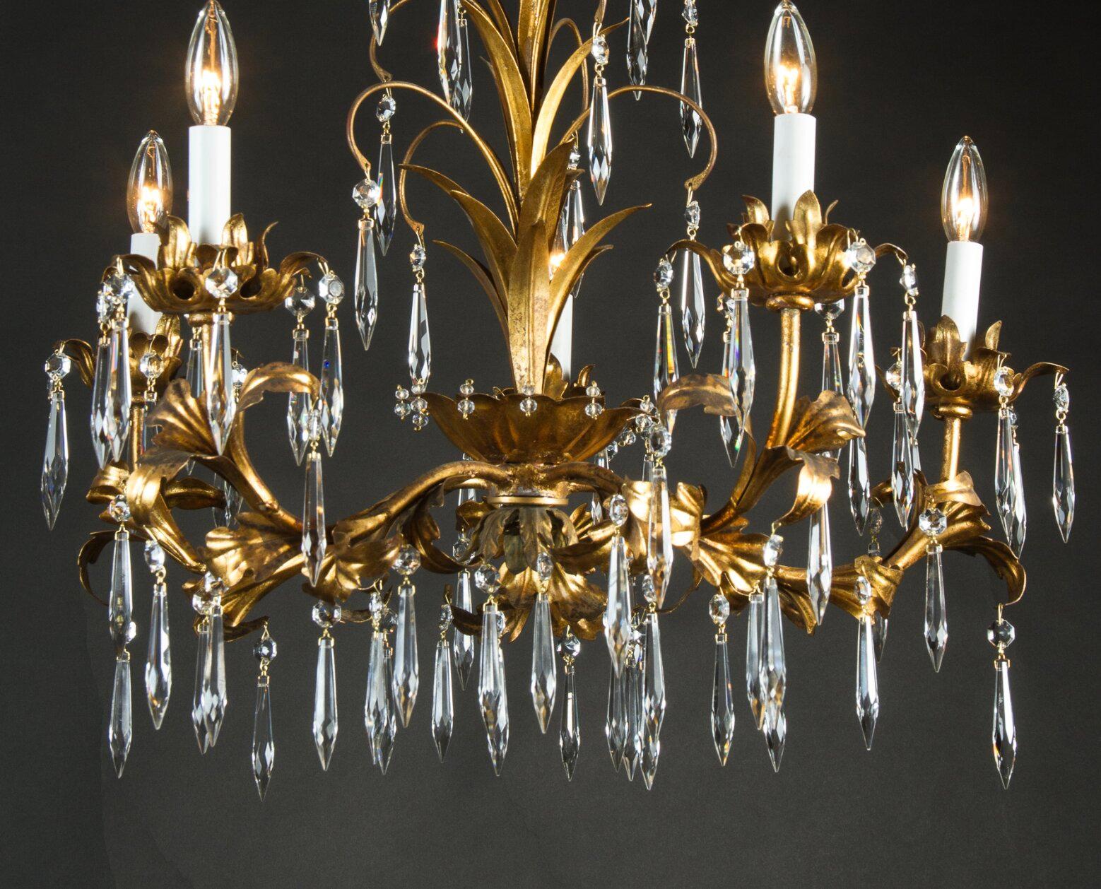 Gold Italian Crystal and Gilded Tole Floral Chandelier, Mid-20th Century For Sale