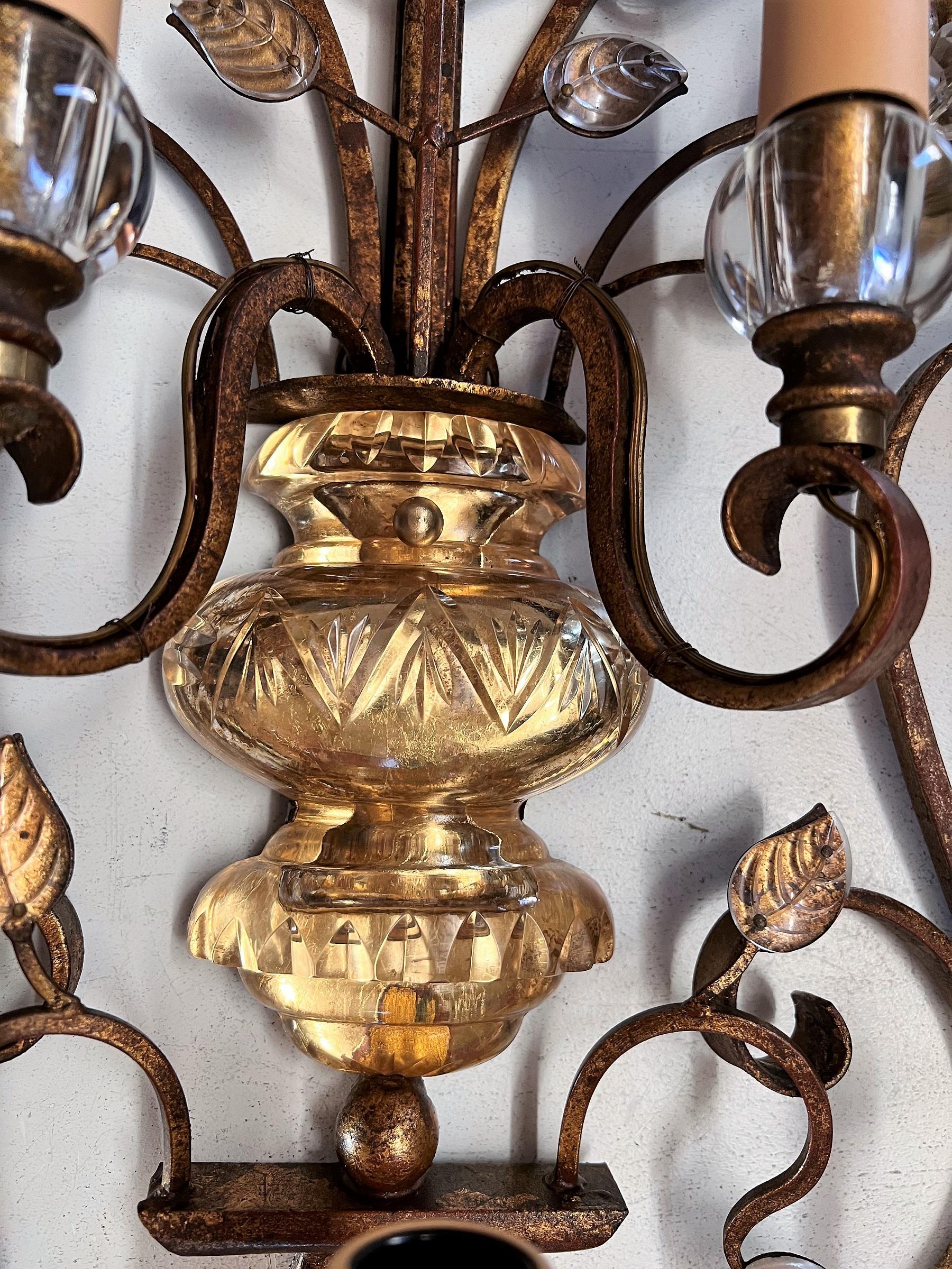 Italian Midcentury Large Wall Sconces in Glass and Gilt Iron by Banci Firenze For Sale 7