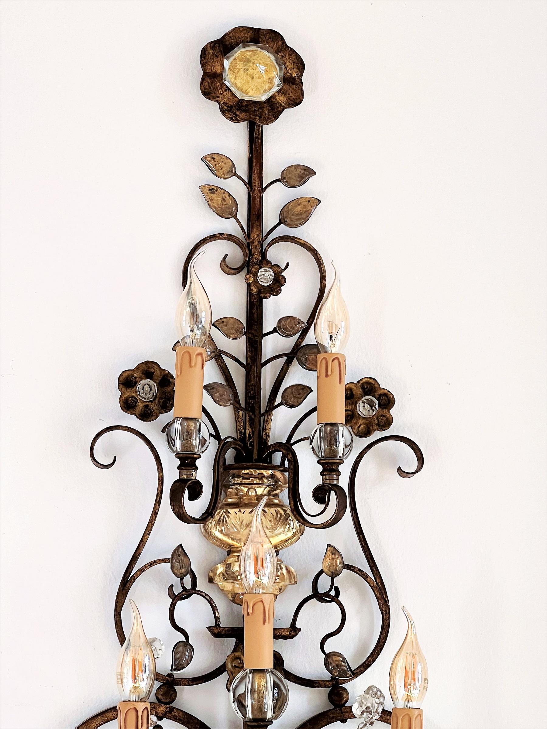 Italian Midcentury Large Wall Sconces in Glass and Gilt Iron by Banci Firenze For Sale 14