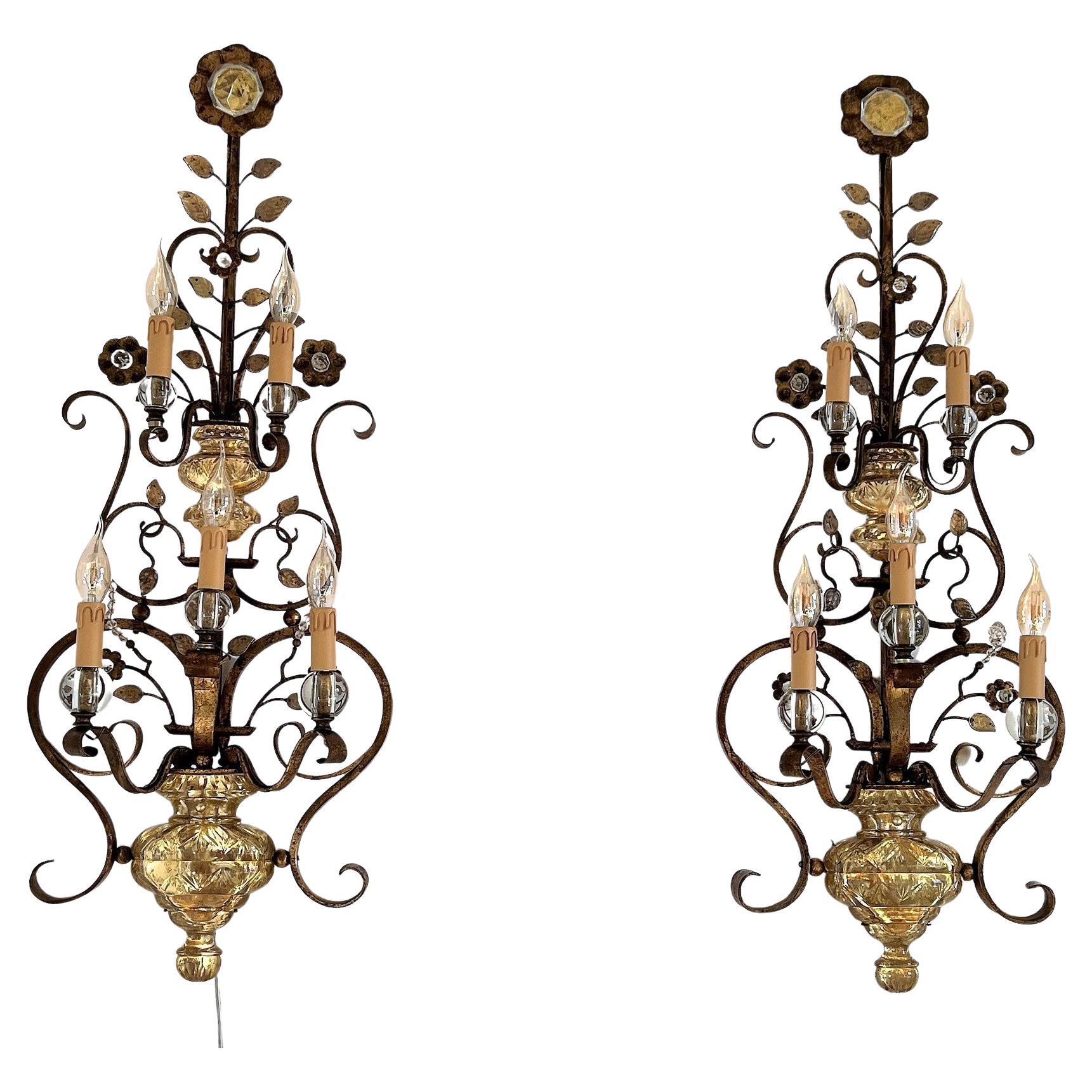 Italian Midcentury Large Wall Sconces in Glass and Gilt Iron by Banci Firenze