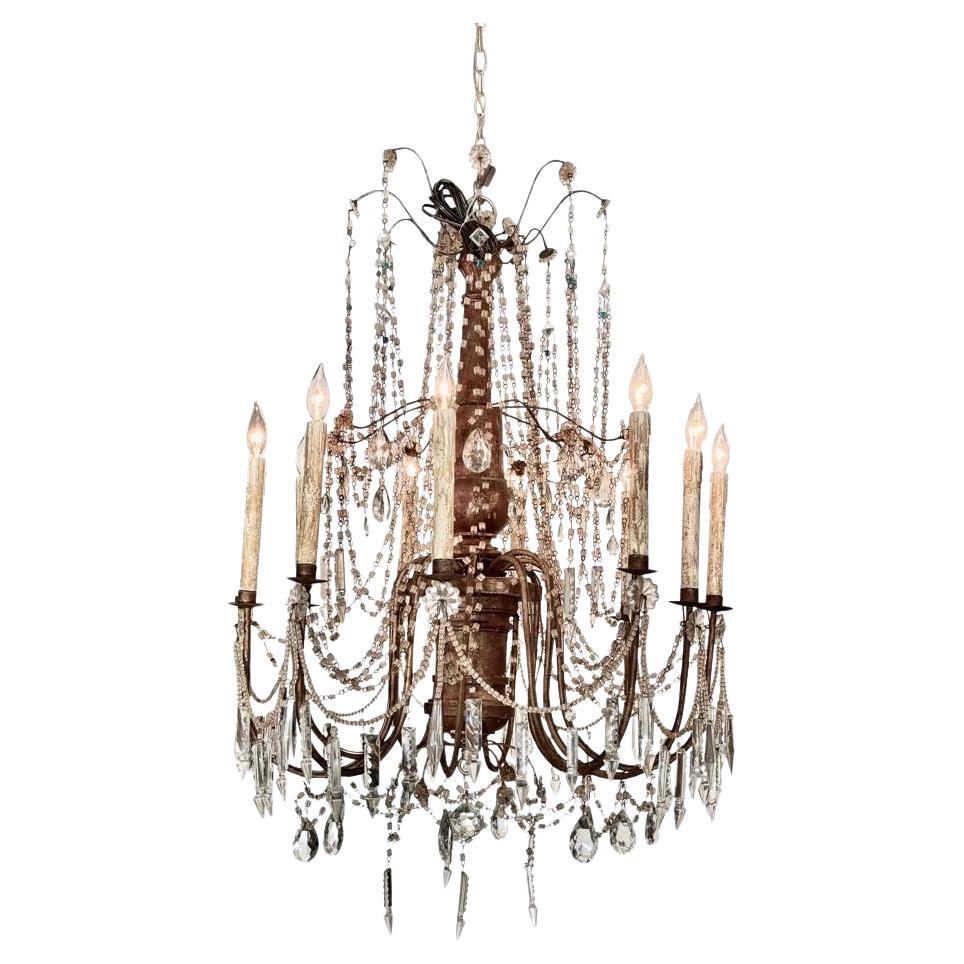 Lustre italien en cristal et bois doré, 19e siècle, 10 Lights en vente