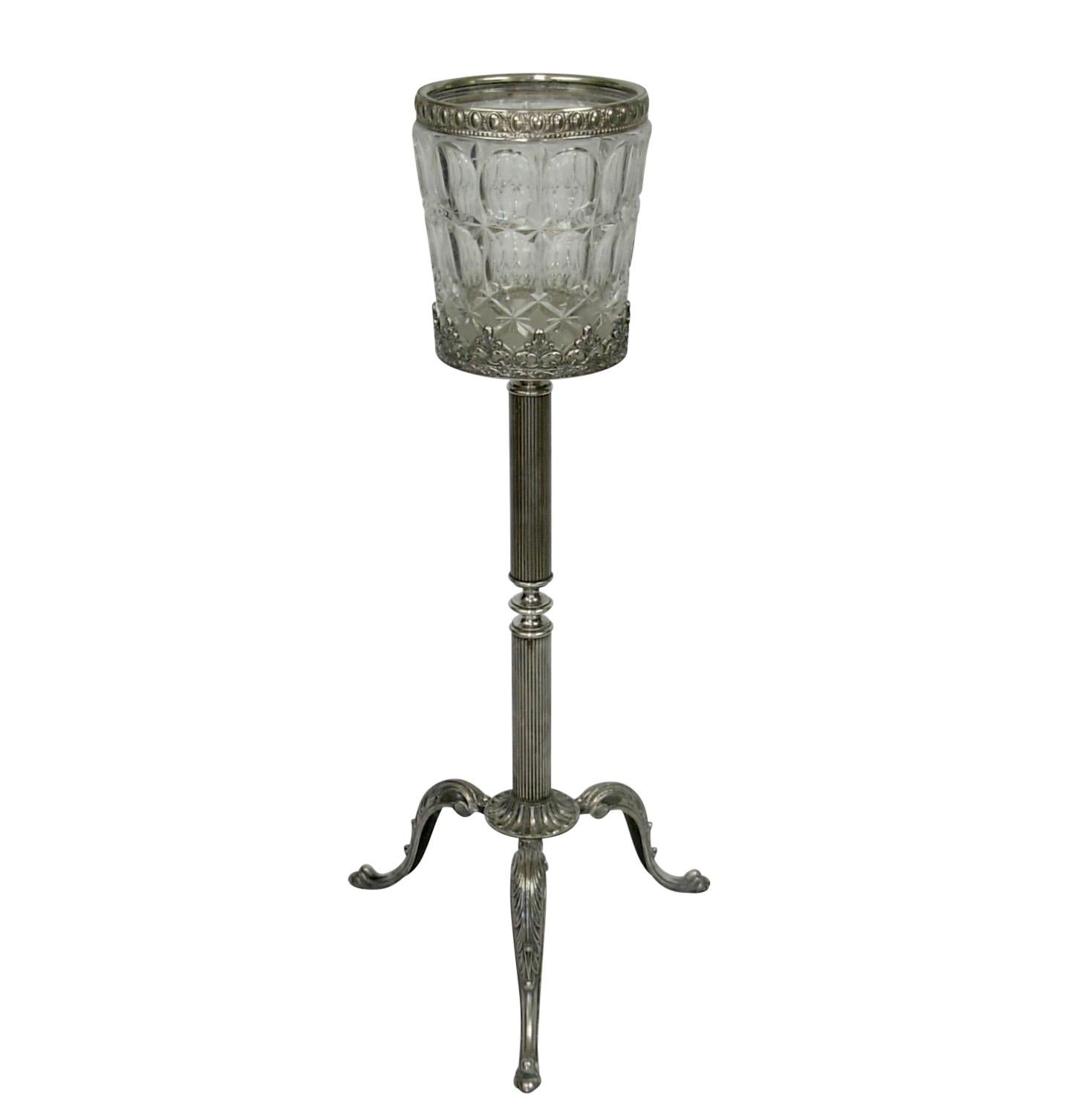 Beautiful quality cut crystal champagne or wine cooler on silver-plate stand. Marked Italy on the bottom, early to mid-20th century.


    