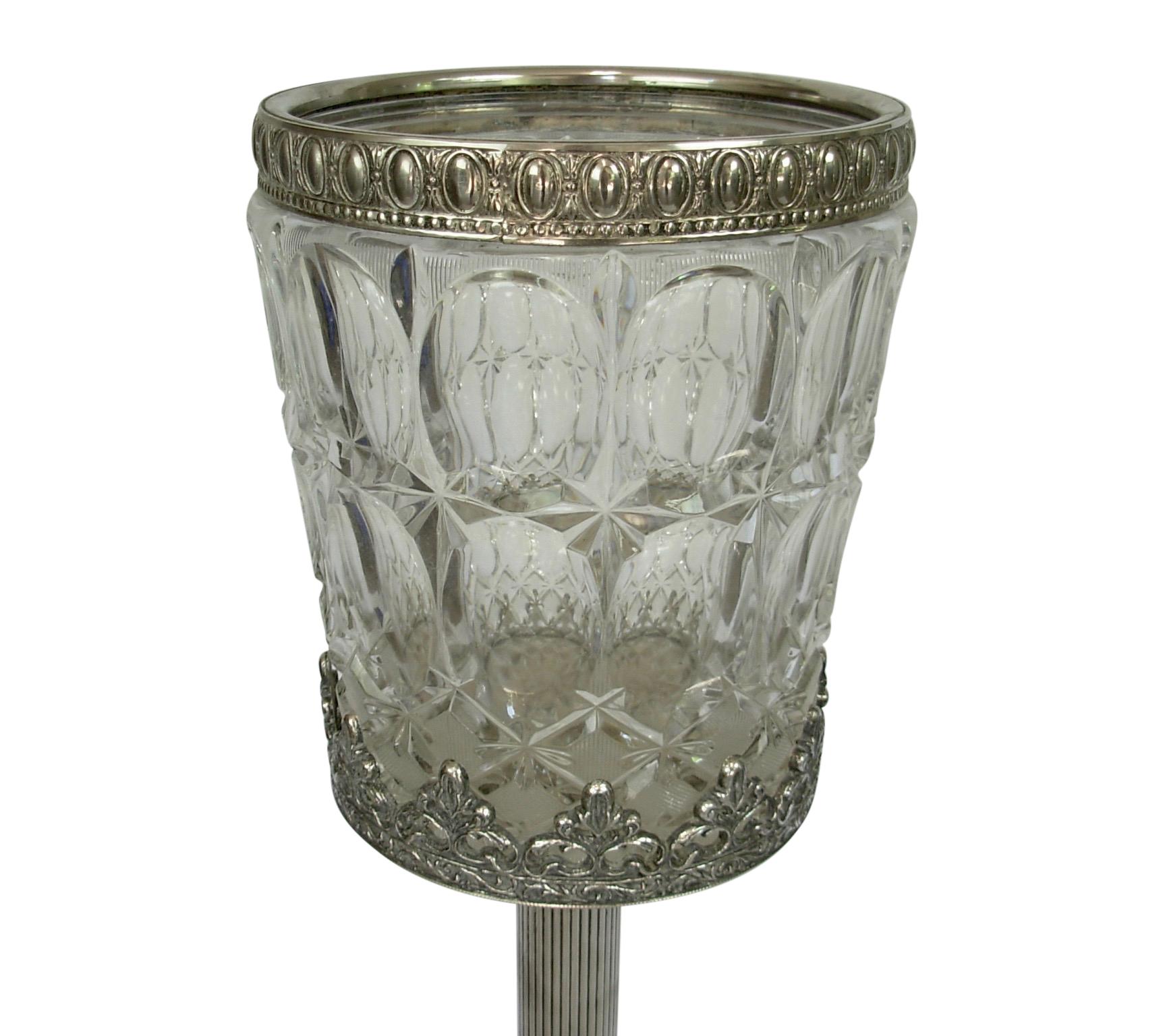 Italian Crystal and Silver Plate Champagne Wine Cooler on Stand In Good Condition In San Francisco, CA