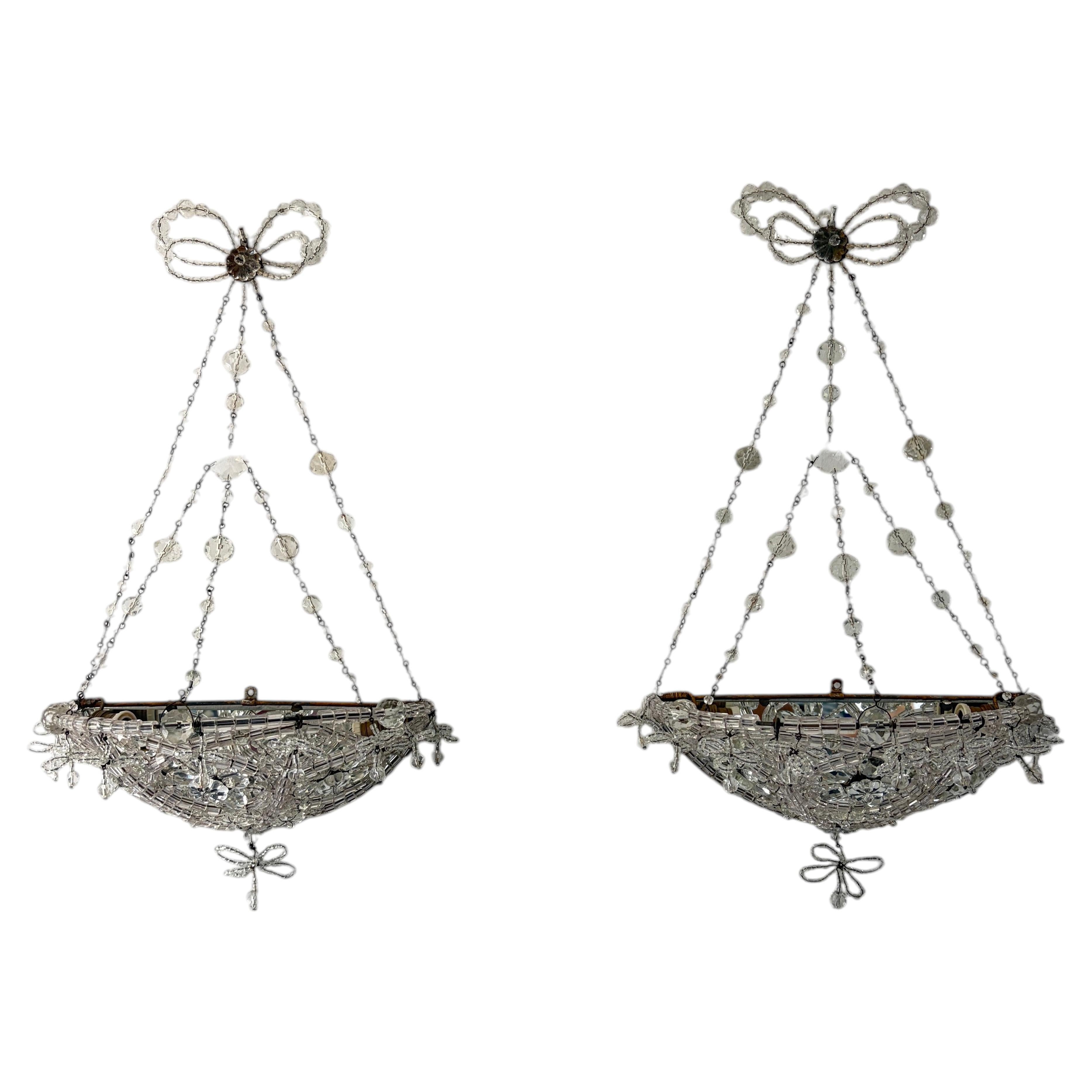 Italian Crystal Beaded Basket Mirrors Sconces, circa 1920 RARE For Sale