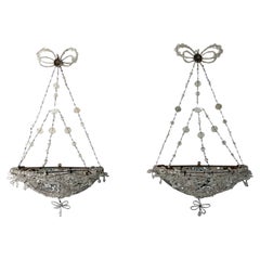 Italian Crystal Beaded Basket Mirrors Sconces, circa 1920 RARE