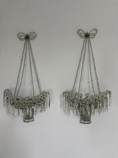Italian Crystal Beaded Basket with Prisms Mirrors Sconces, circa 1920 RARE
