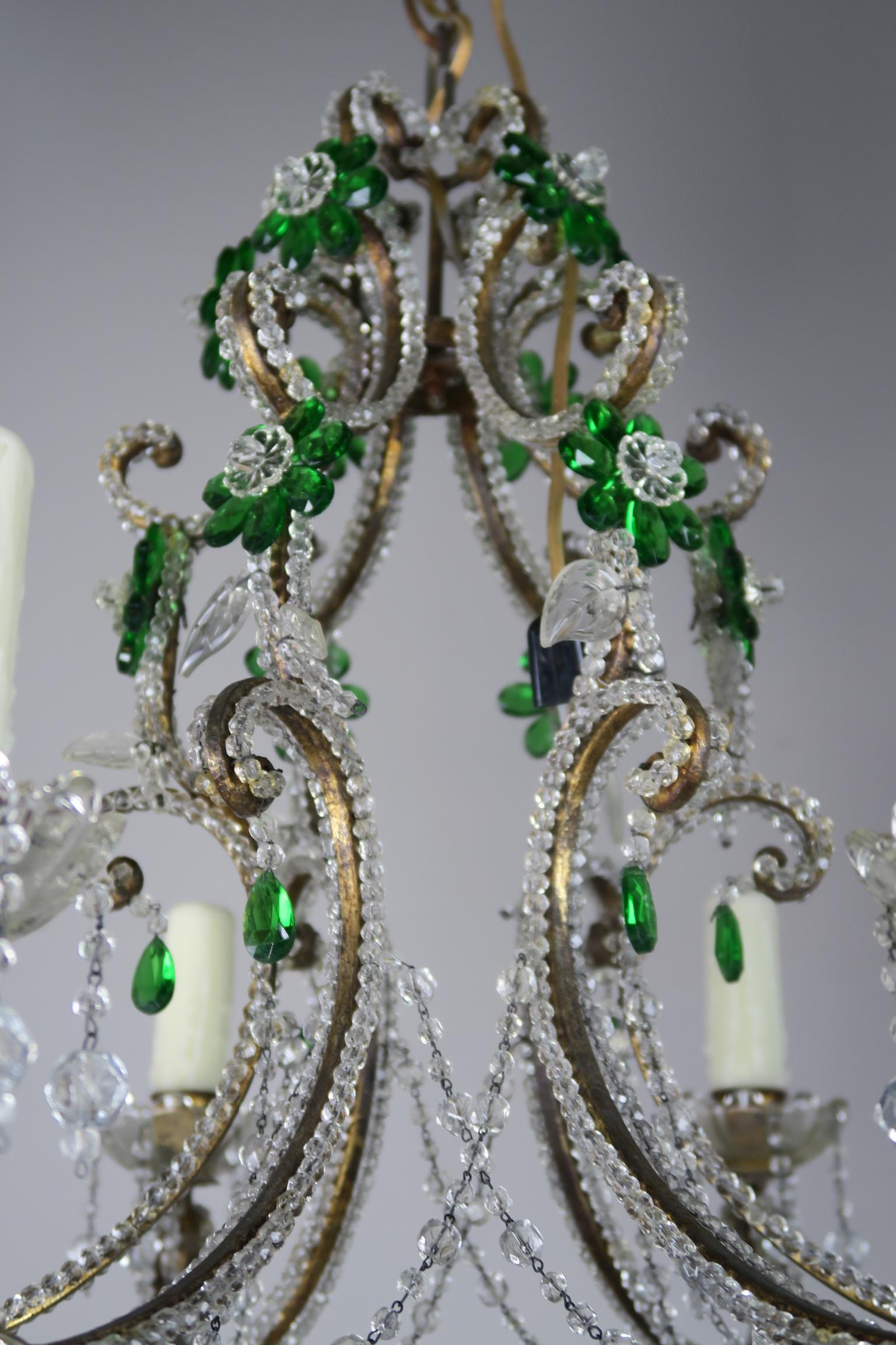 Italian Crystal Beaded Chandelier with Emerald Crystal Flowers, circa 1930s 3