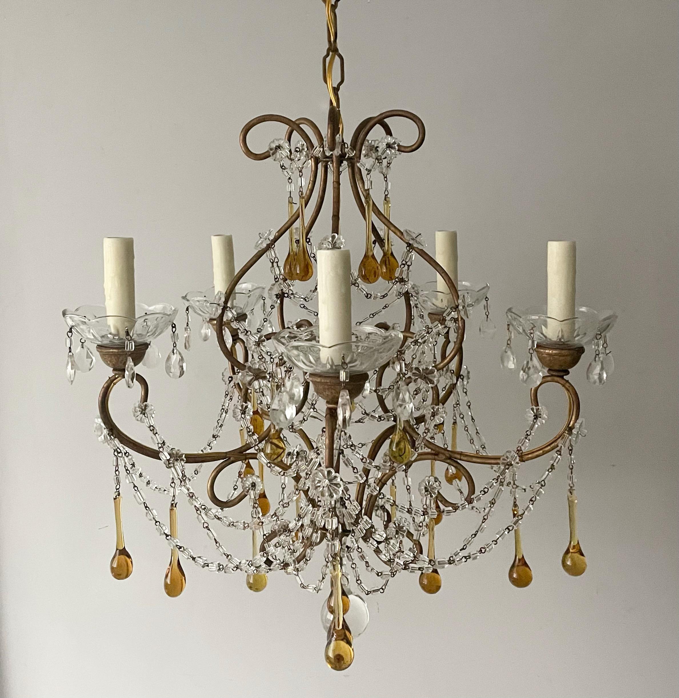 Louis XVI Italian Crystal Beaded Chandelier With Amber Drops For Sale