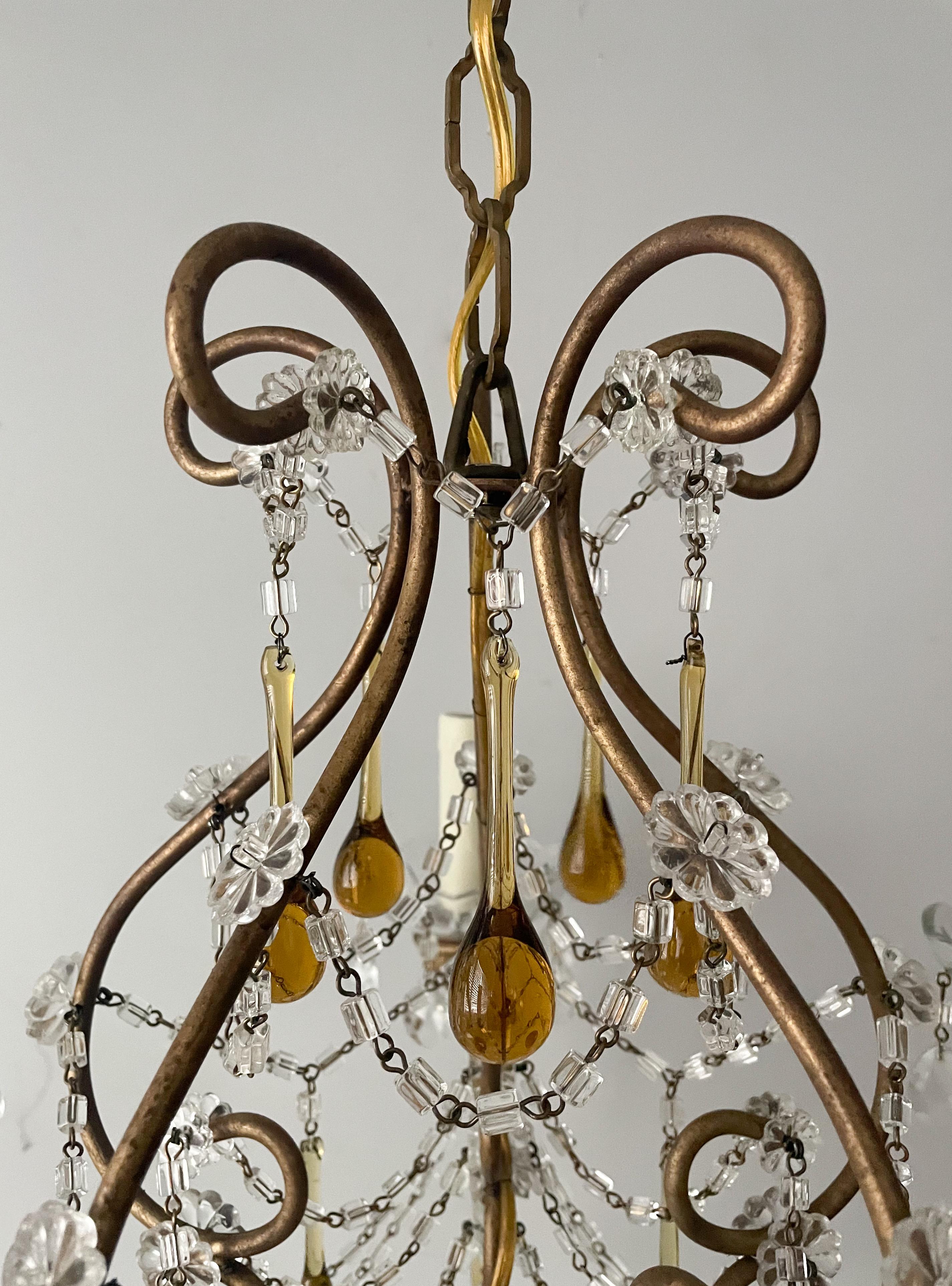 Italian Crystal Beaded Chandelier With Amber Drops In Good Condition For Sale In Los Angeles, CA