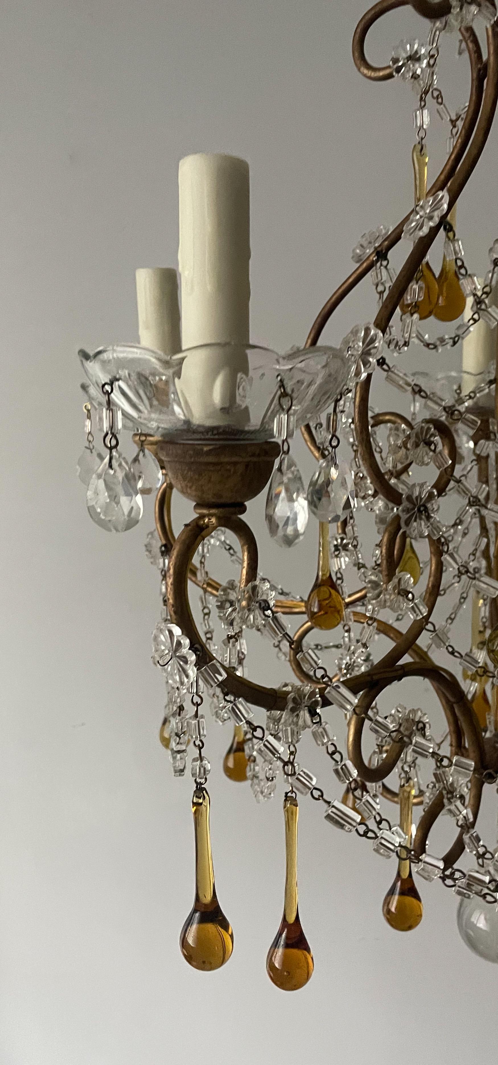Mid-20th Century Italian Crystal Beaded Chandelier With Amber Drops For Sale