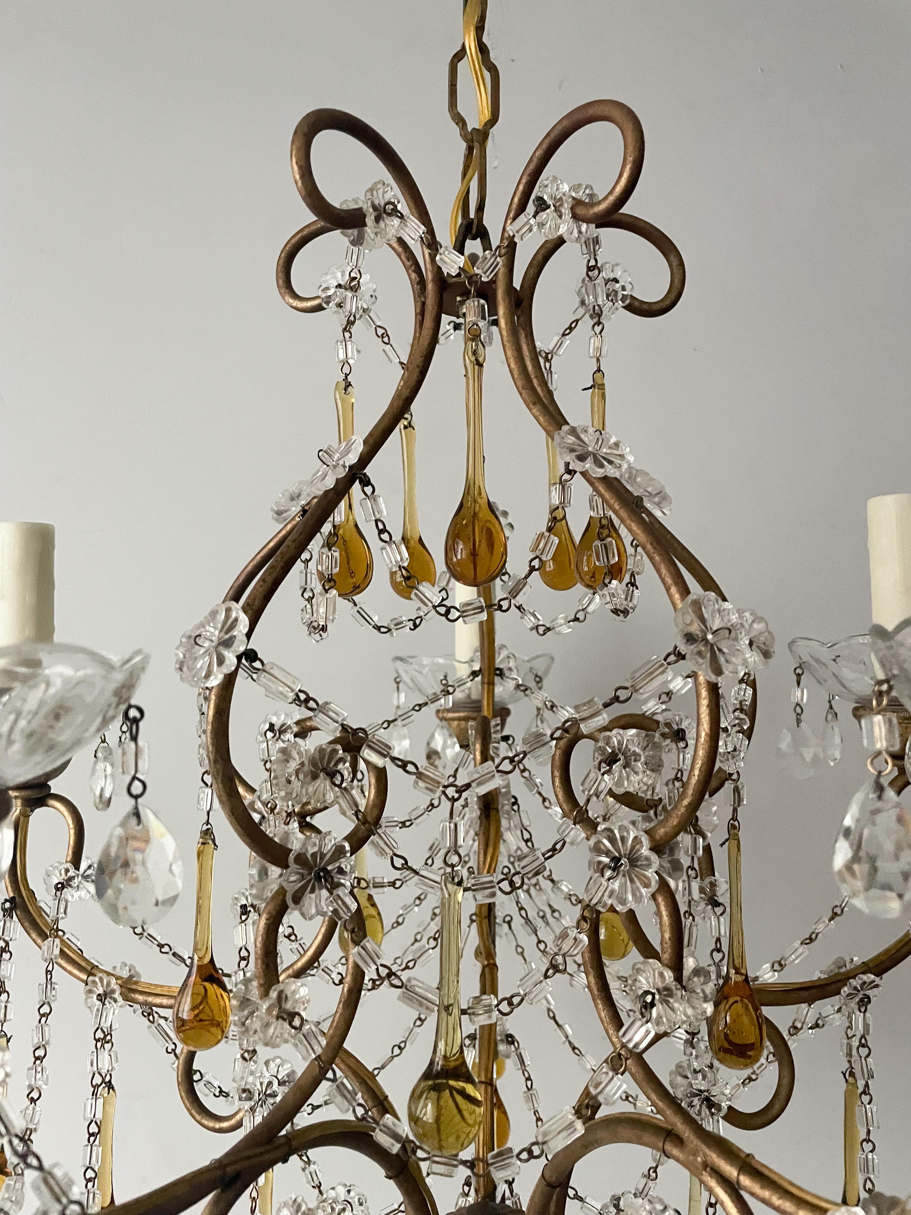 Art Glass Italian Crystal Beaded Chandelier With Amber Drops For Sale