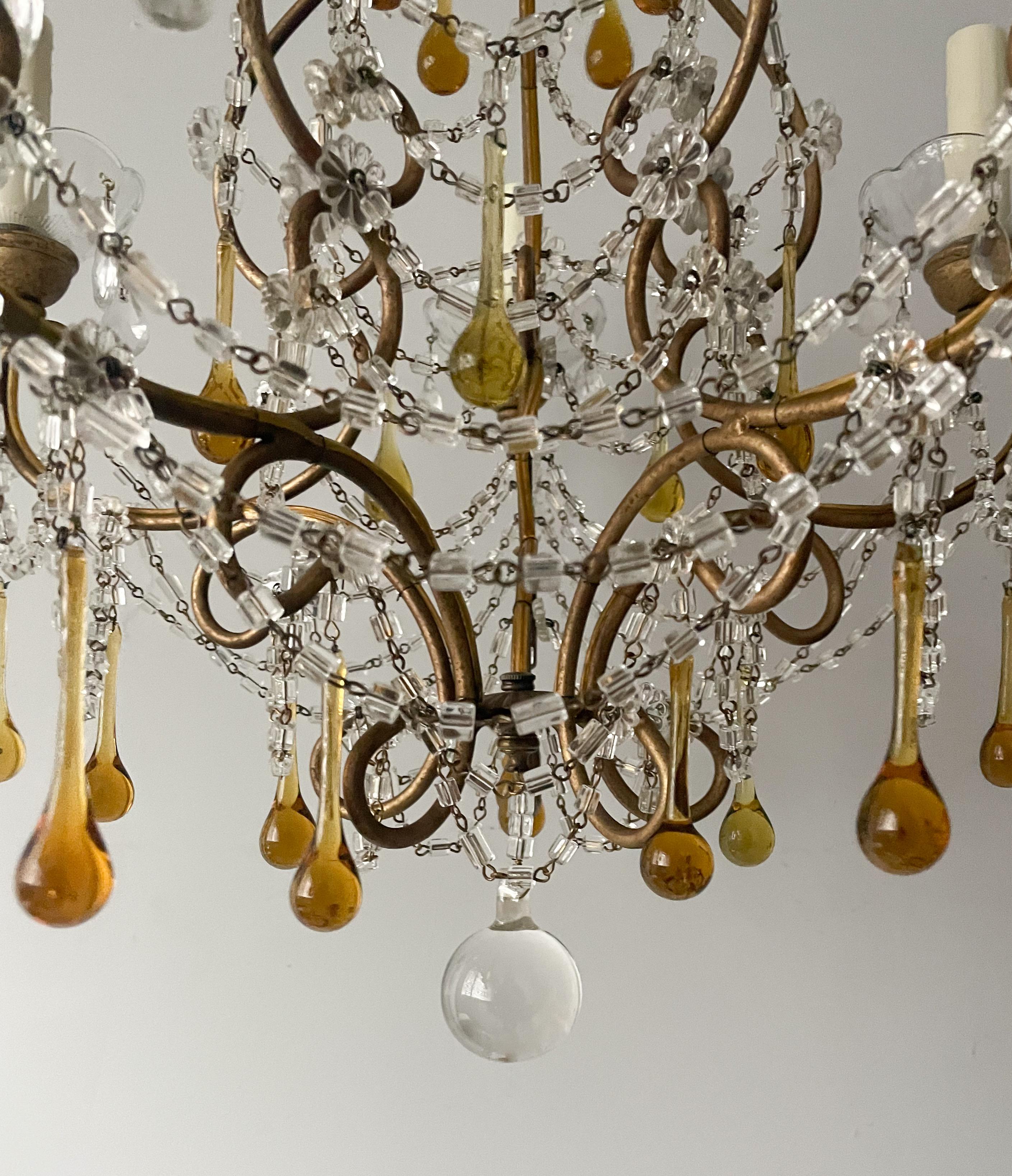 Italian Crystal Beaded Chandelier With Amber Drops For Sale 1