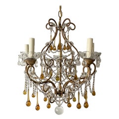 Lustre italien en perles de cristal avec gouttes d'ambre