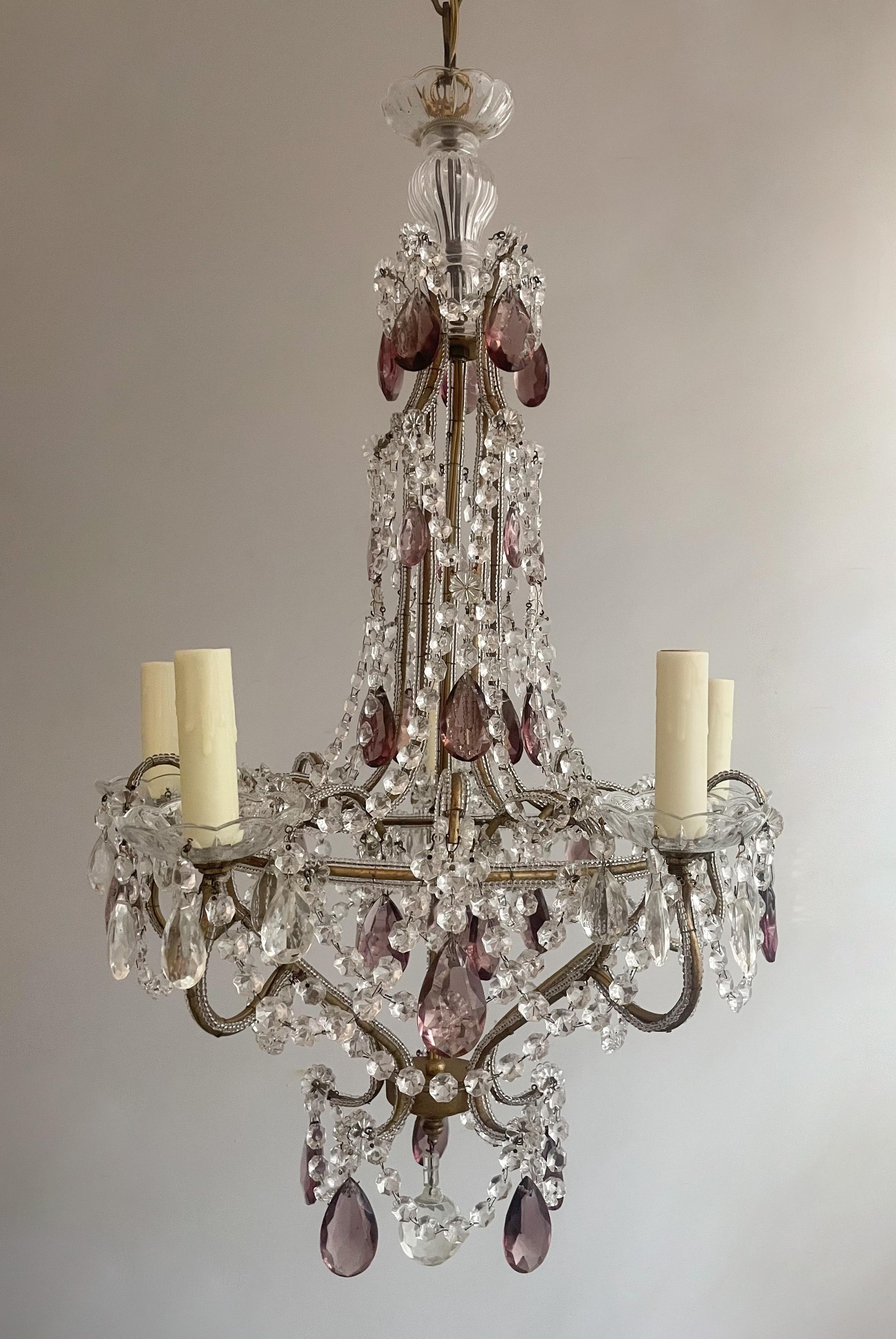 Louis XVI Italian Crystal Beaded Chandelier With Amethyst Glass Prisms For Sale
