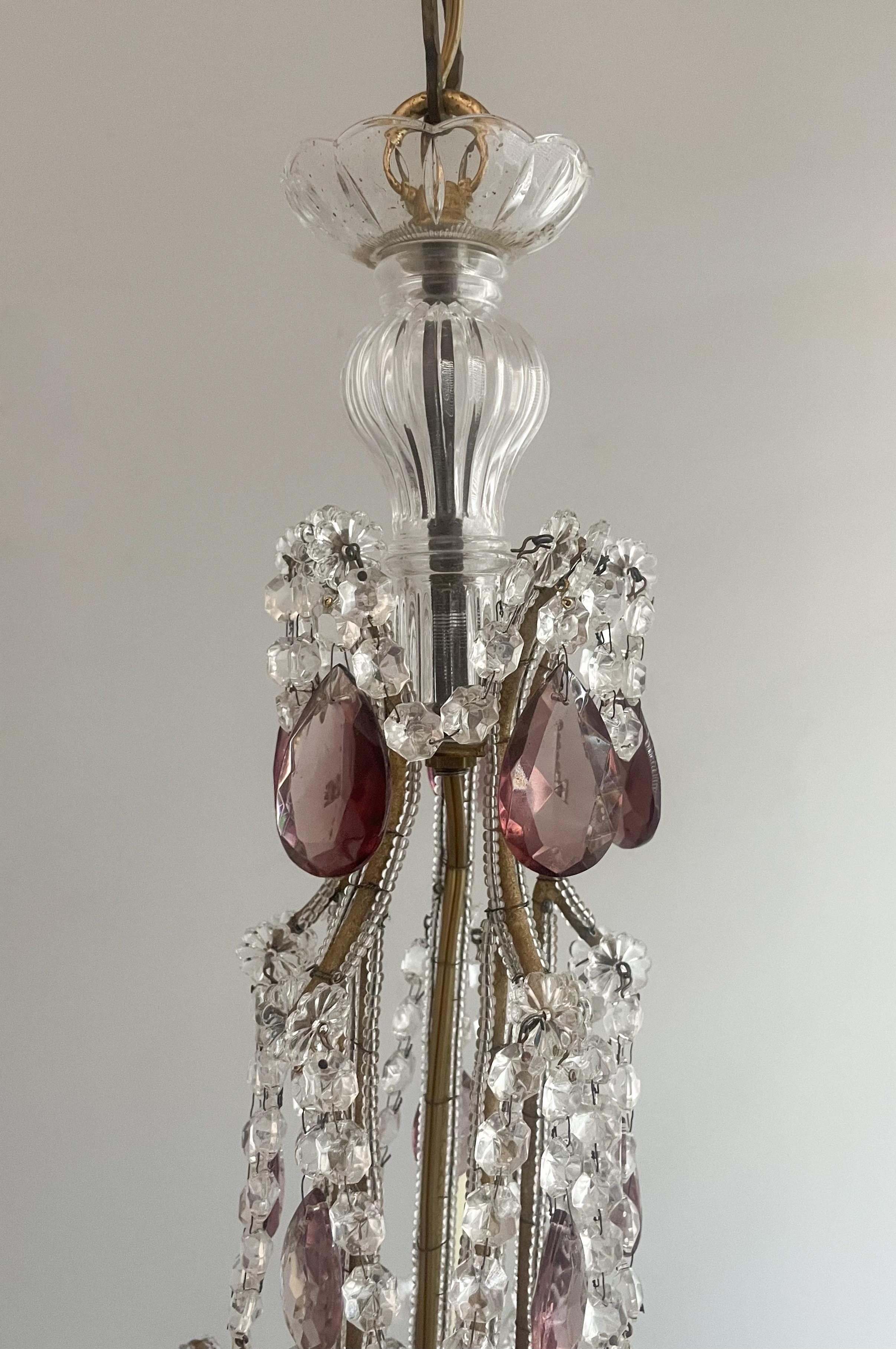 Italian Crystal Beaded Chandelier With Amethyst Glass Prisms In Good Condition For Sale In Los Angeles, CA