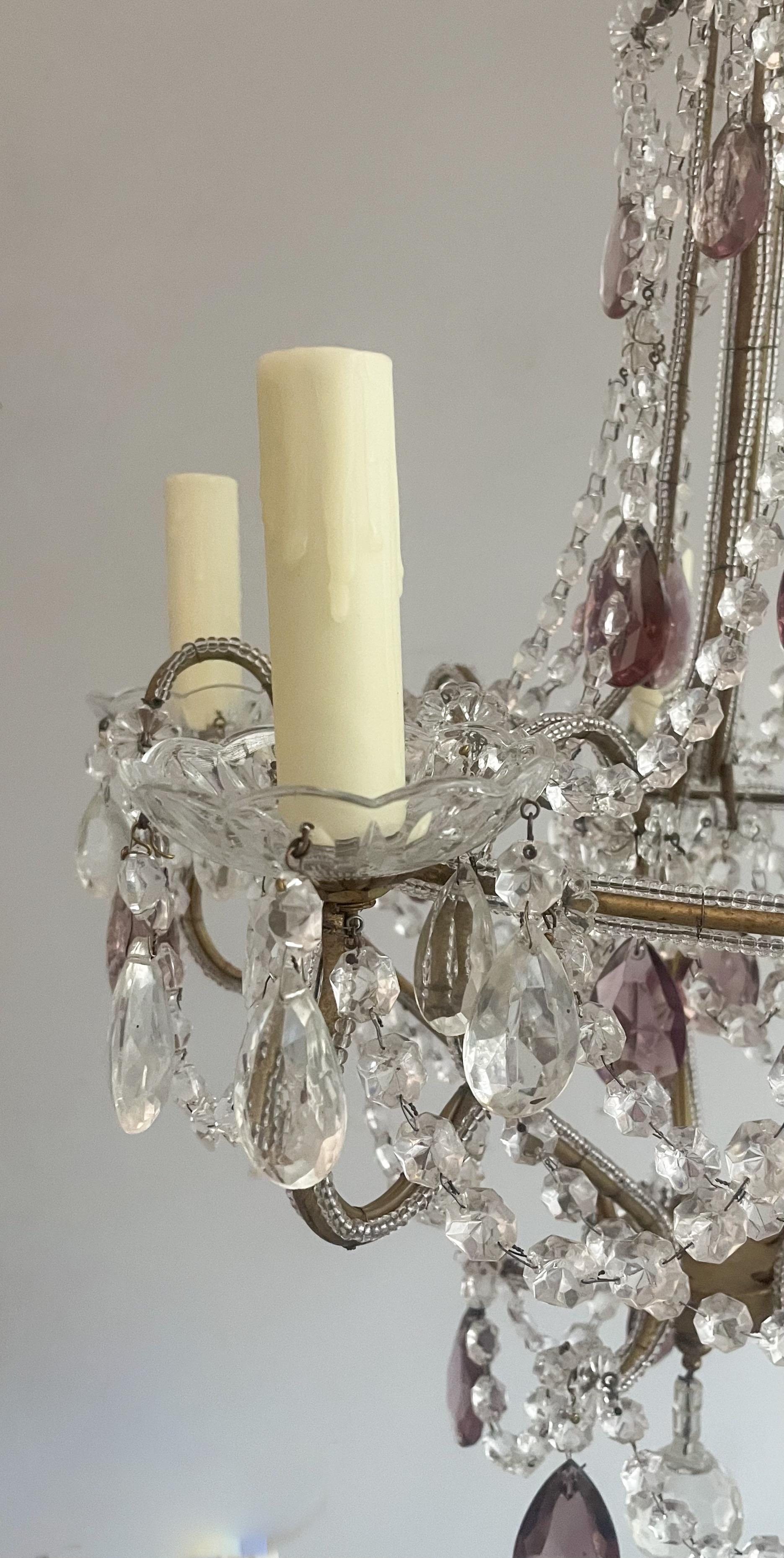 Art Glass Italian Crystal Beaded Chandelier With Amethyst Glass Prisms For Sale