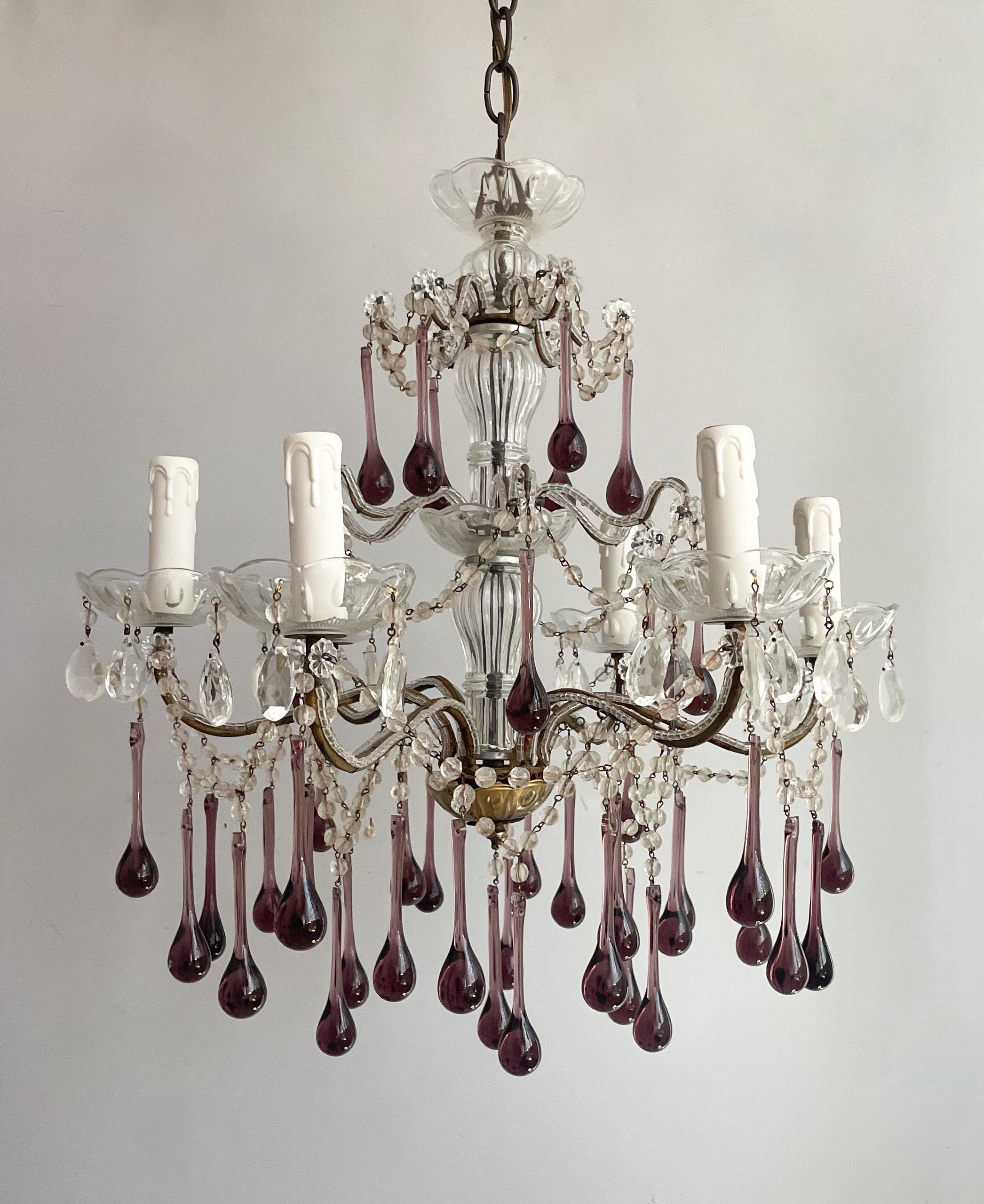 Louis XVI Italian Crystal Beaded Chandelier With Amethyst Murano Glass Drops For Sale