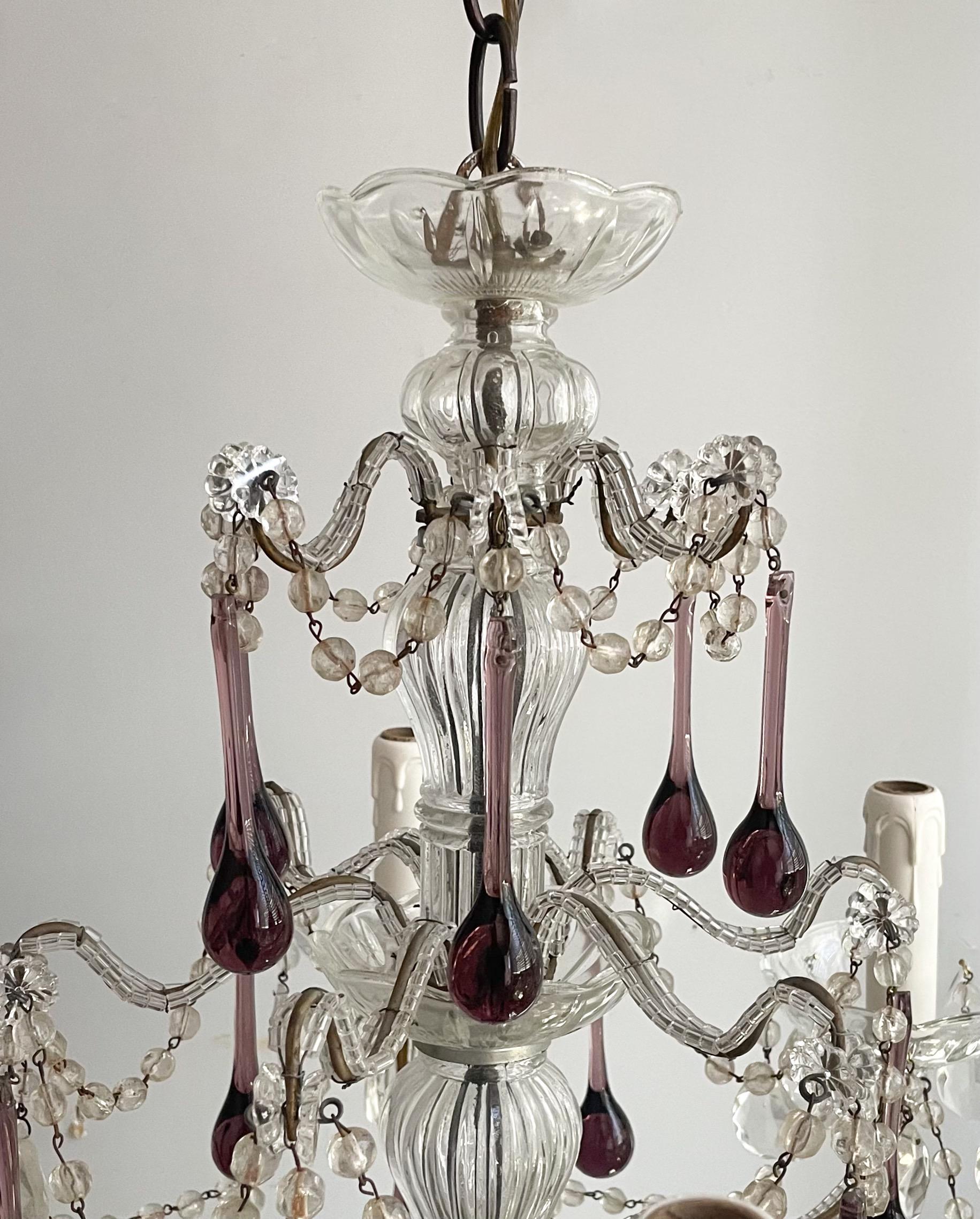 Italian Crystal Beaded Chandelier With Amethyst Murano Glass Drops In Good Condition For Sale In Los Angeles, CA