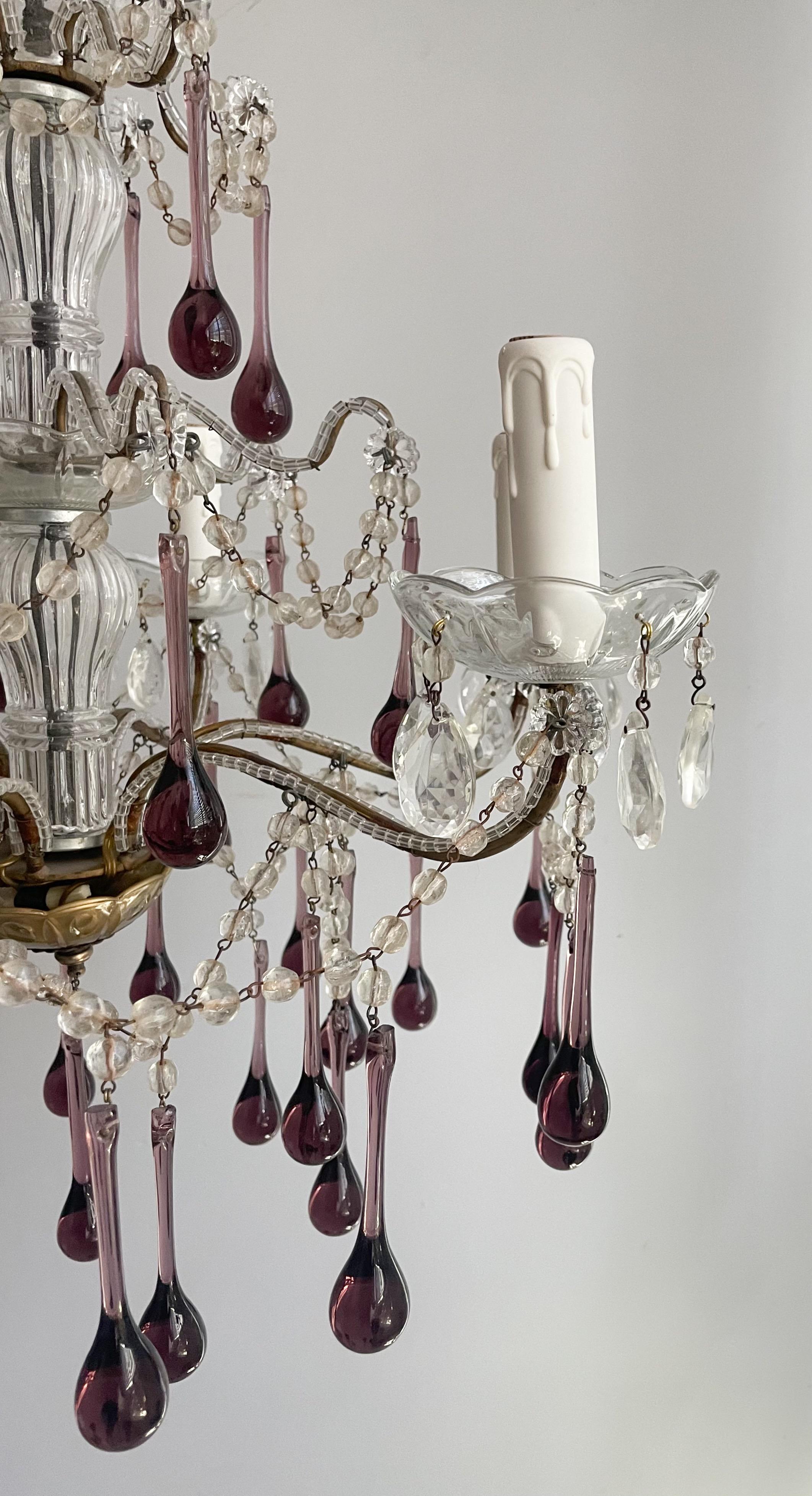 Mid-20th Century Italian Crystal Beaded Chandelier With Amethyst Murano Glass Drops For Sale