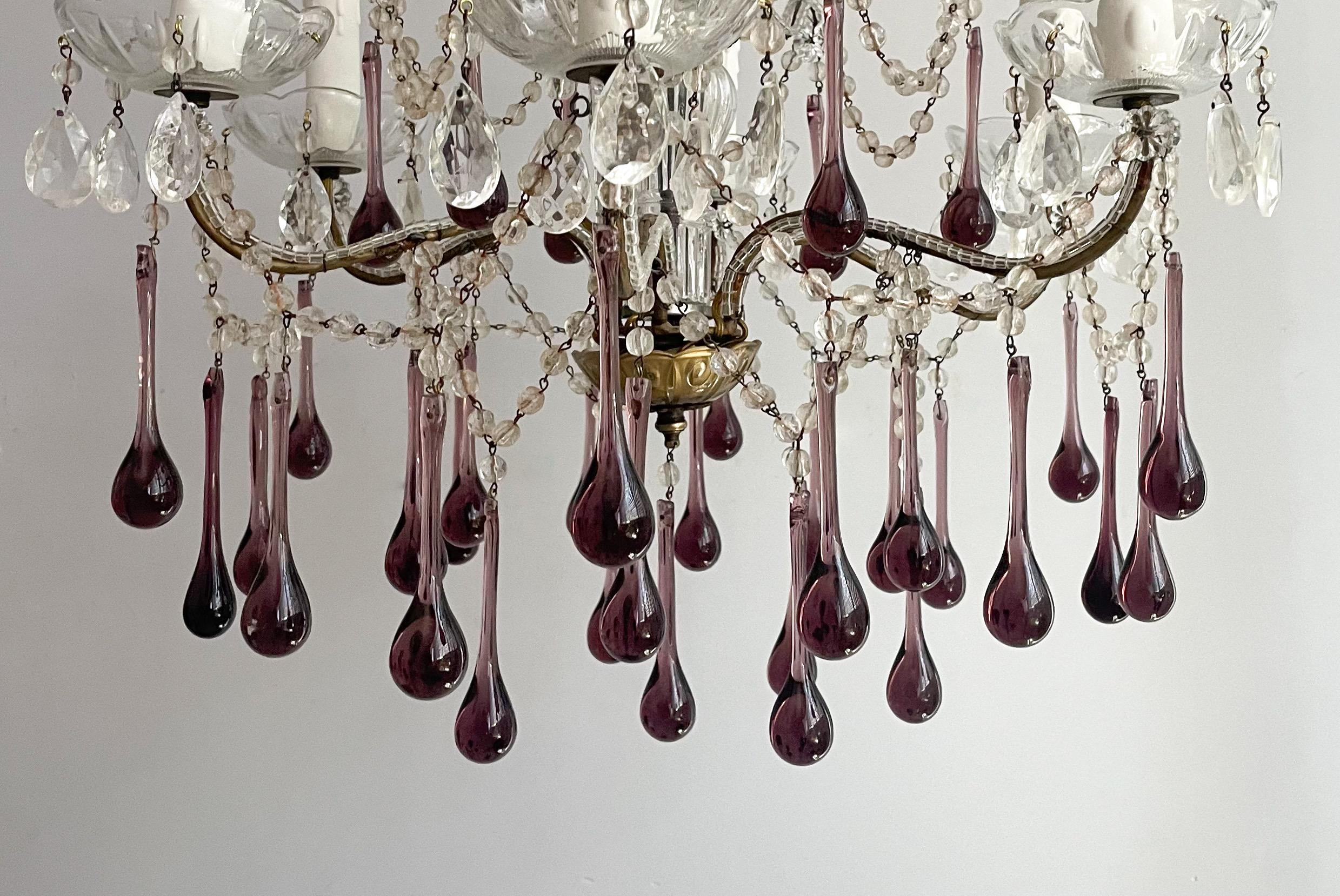 Art Glass Italian Crystal Beaded Chandelier With Amethyst Murano Glass Drops For Sale