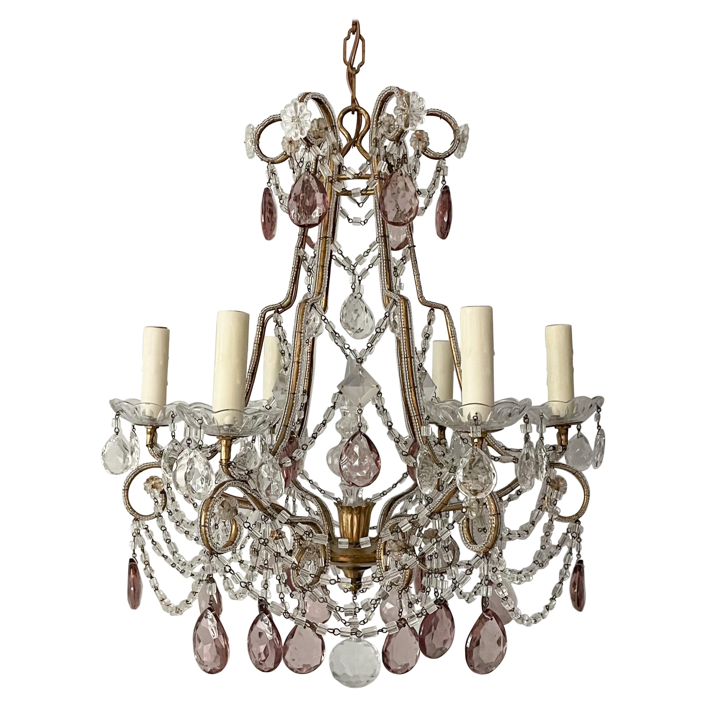 Italian Crystal Beaded Chandelier With Amethyst Prisms