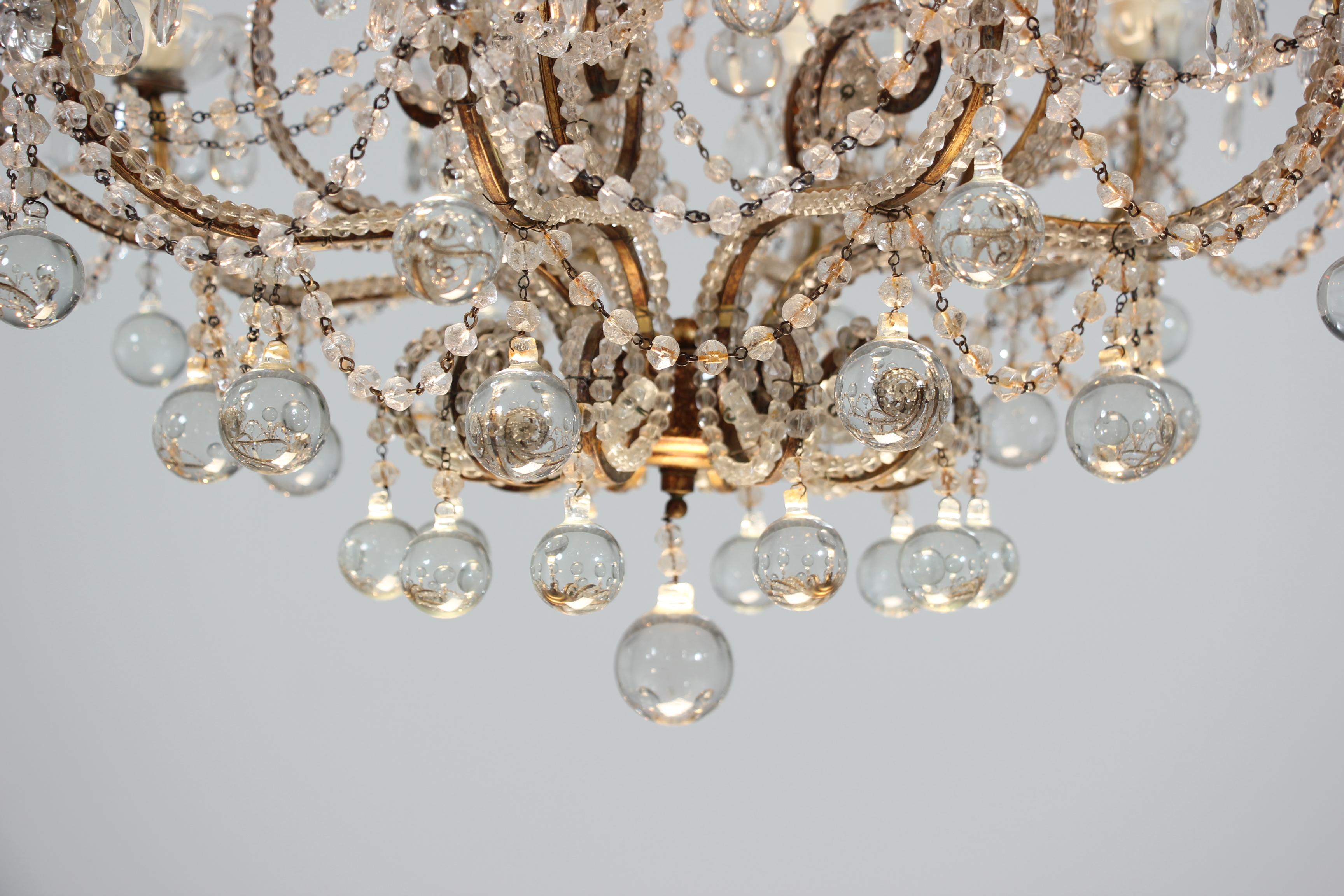 Italian Crystal Beaded Chandelier with Ball Drops In Good Condition In Los Angeles, CA