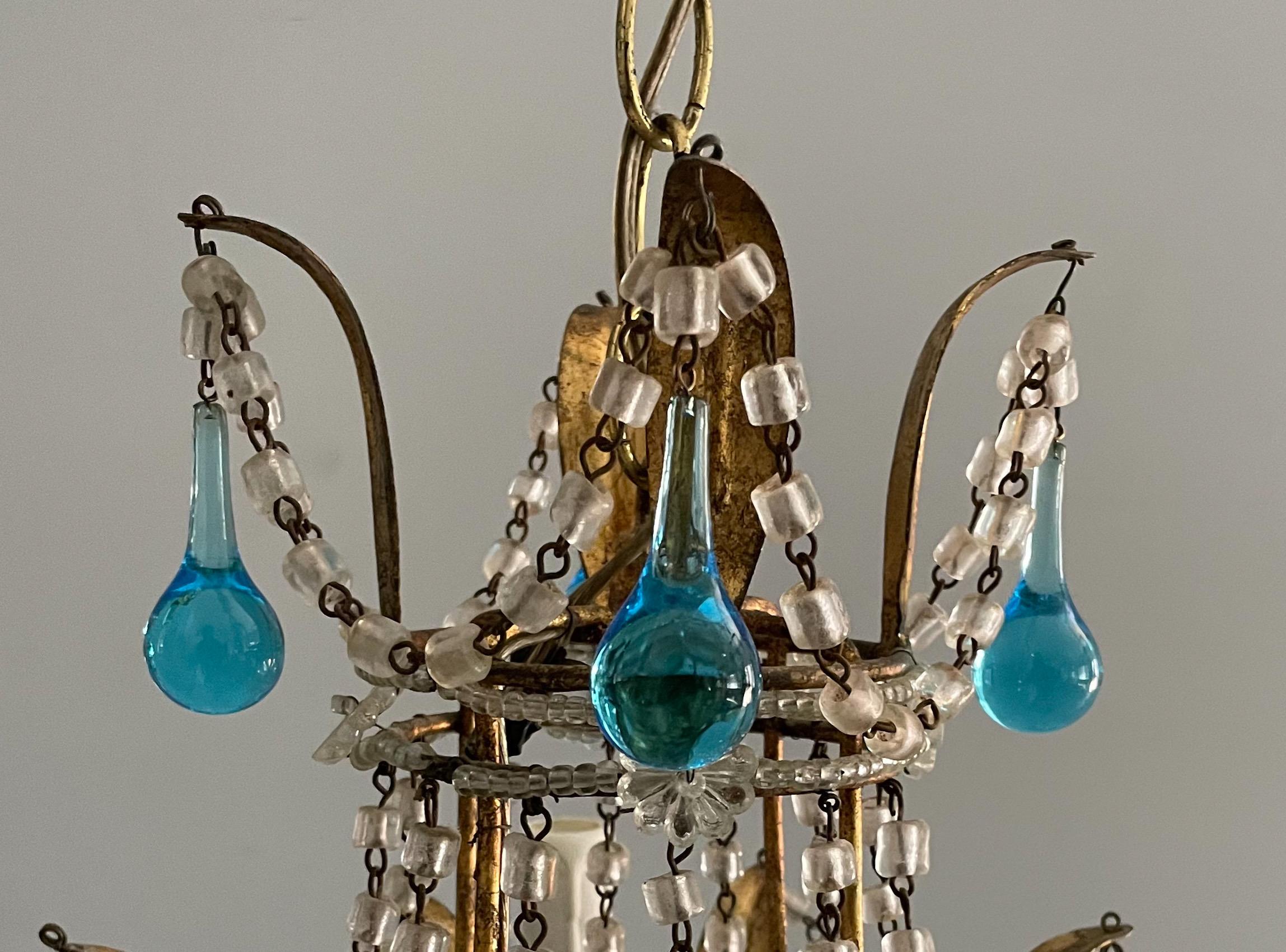 Louis XVI Italian Crystal Beaded Chandelier with Blue Murano Drops For Sale
