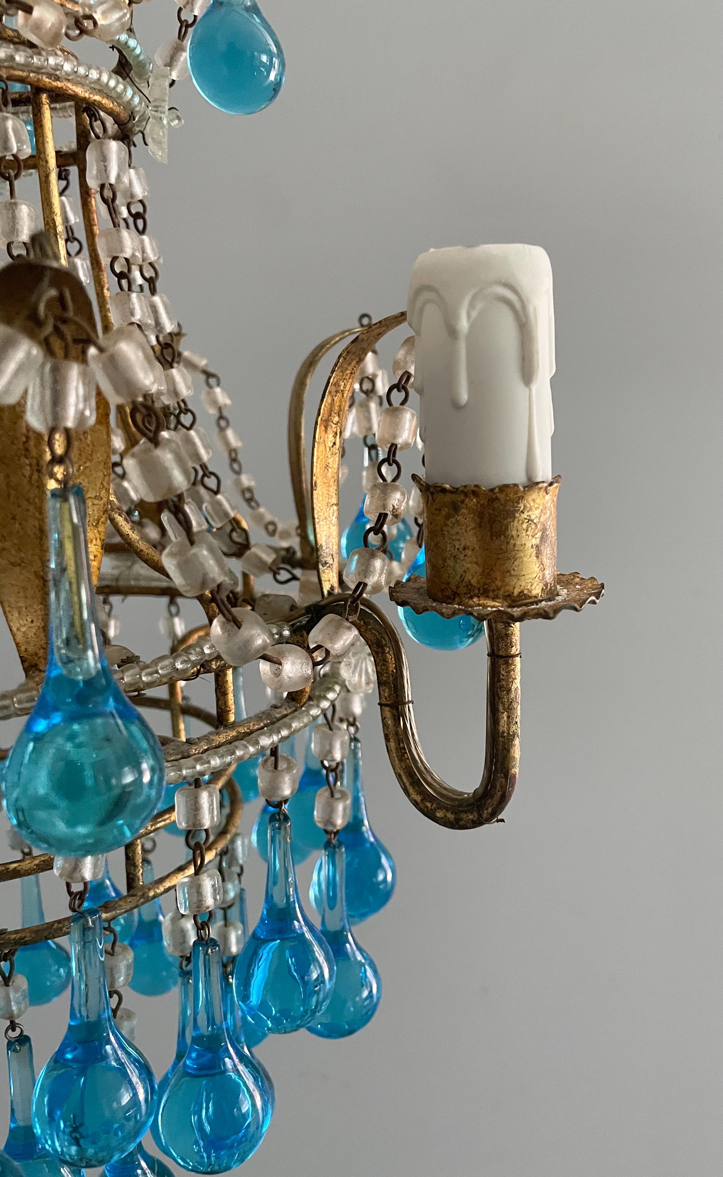Italian Crystal Beaded Chandelier with Blue Murano Drops In Good Condition For Sale In Los Angeles, CA
