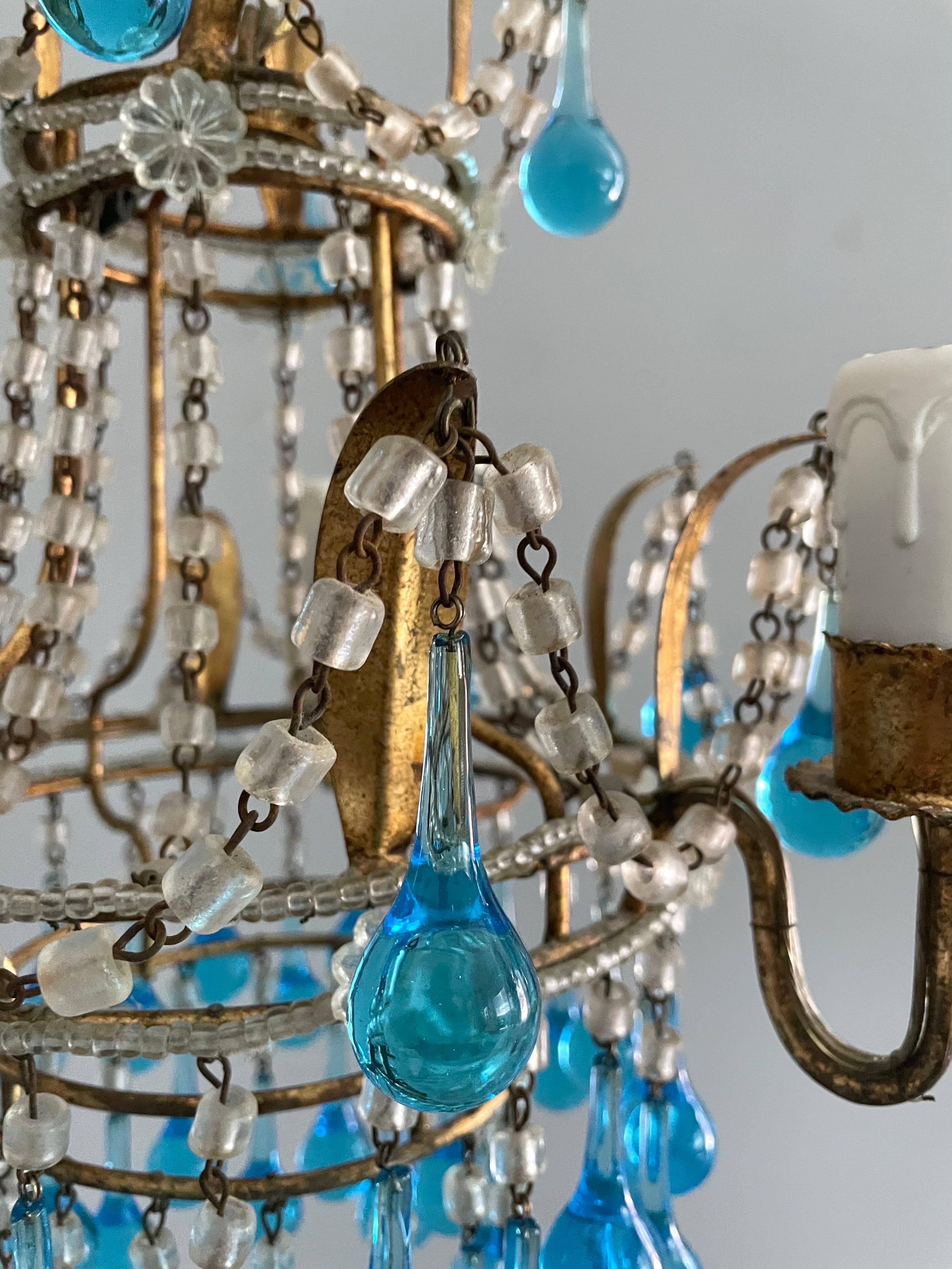 Mid-20th Century Italian Crystal Beaded Chandelier with Blue Murano Drops For Sale