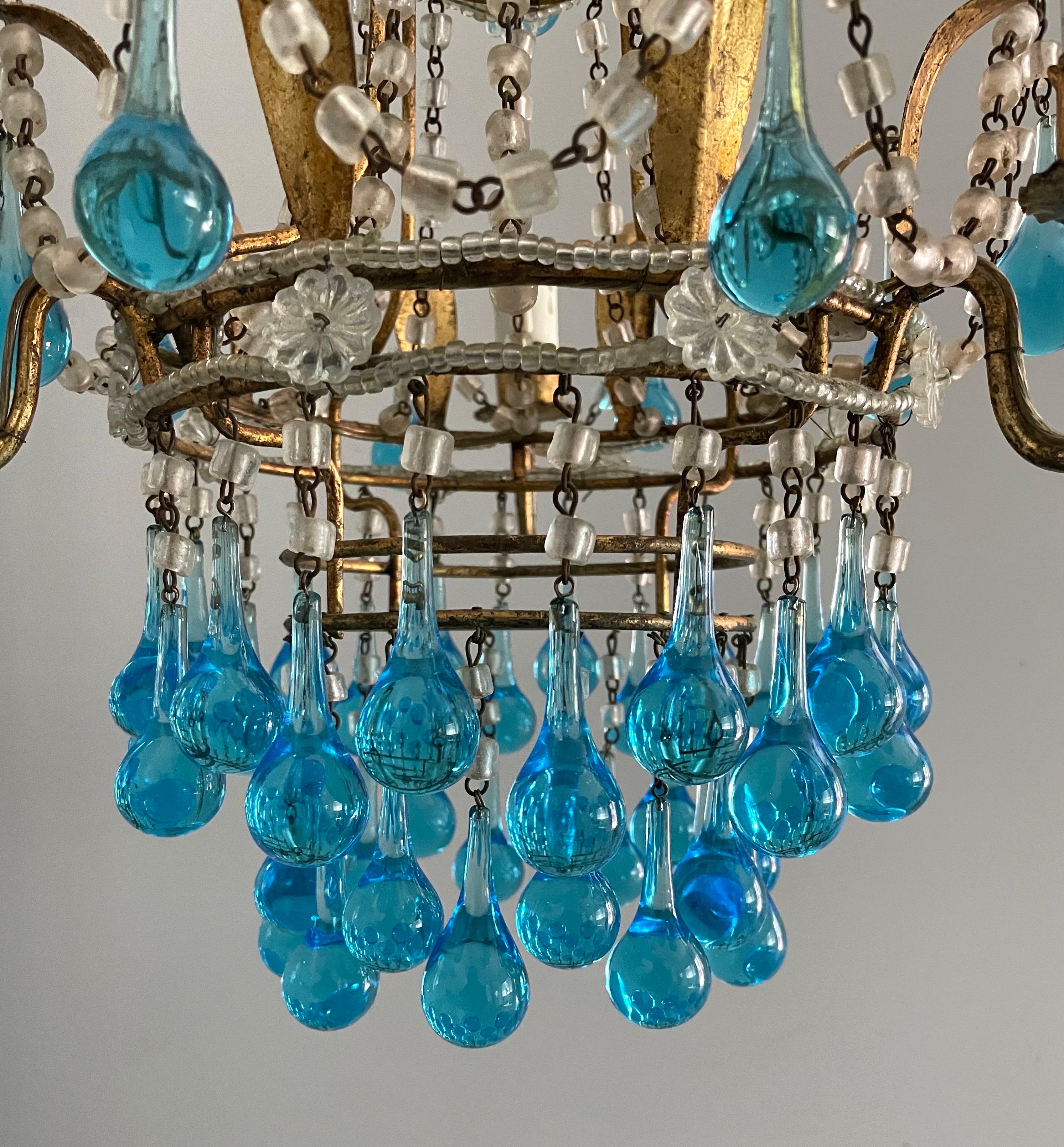 Art Glass Italian Crystal Beaded Chandelier with Blue Murano Drops For Sale